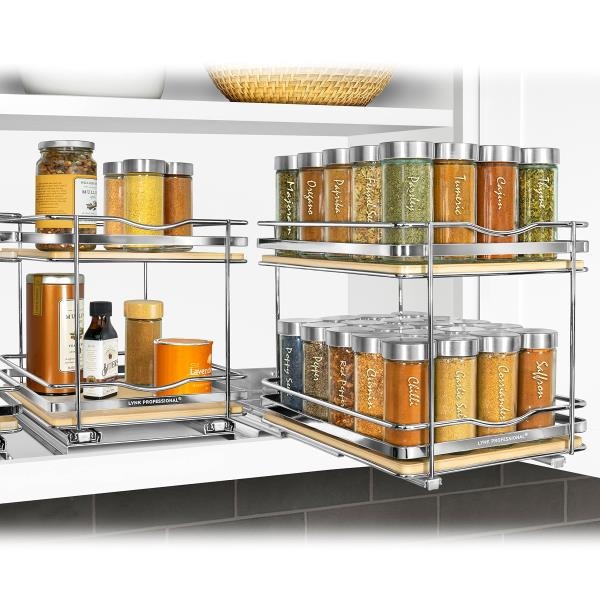 -Tier Pull Out Spice Rack Organizer for Cabinets 8-38 inch Wide Wood and Chrome