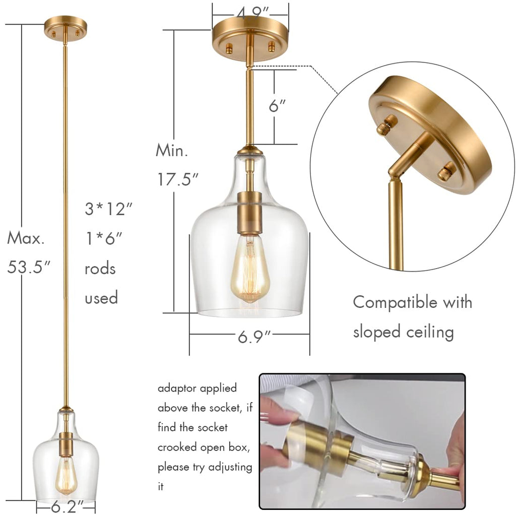 JEENKAE Modern Brass Glass Kitchen Pendant Lighting Rod-Hung Gold Pendant Light, 1-Light-1 Retail $83.00