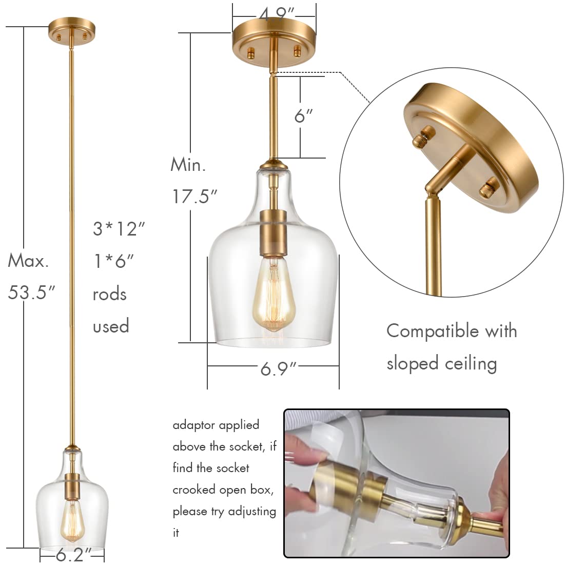 JEENKAE Modern Brass Glass Kitchen Pendant Lighting Rod-Hung Gold Pendant Light, 1-Light-1 Retail $83.00