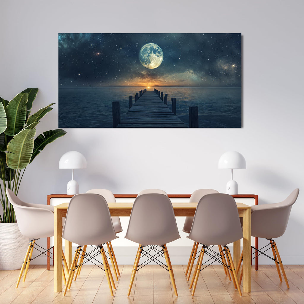 Canvas Wall Art Modern Landscape Coastal Blue Star Moon Decor 20 x 40 $43.50