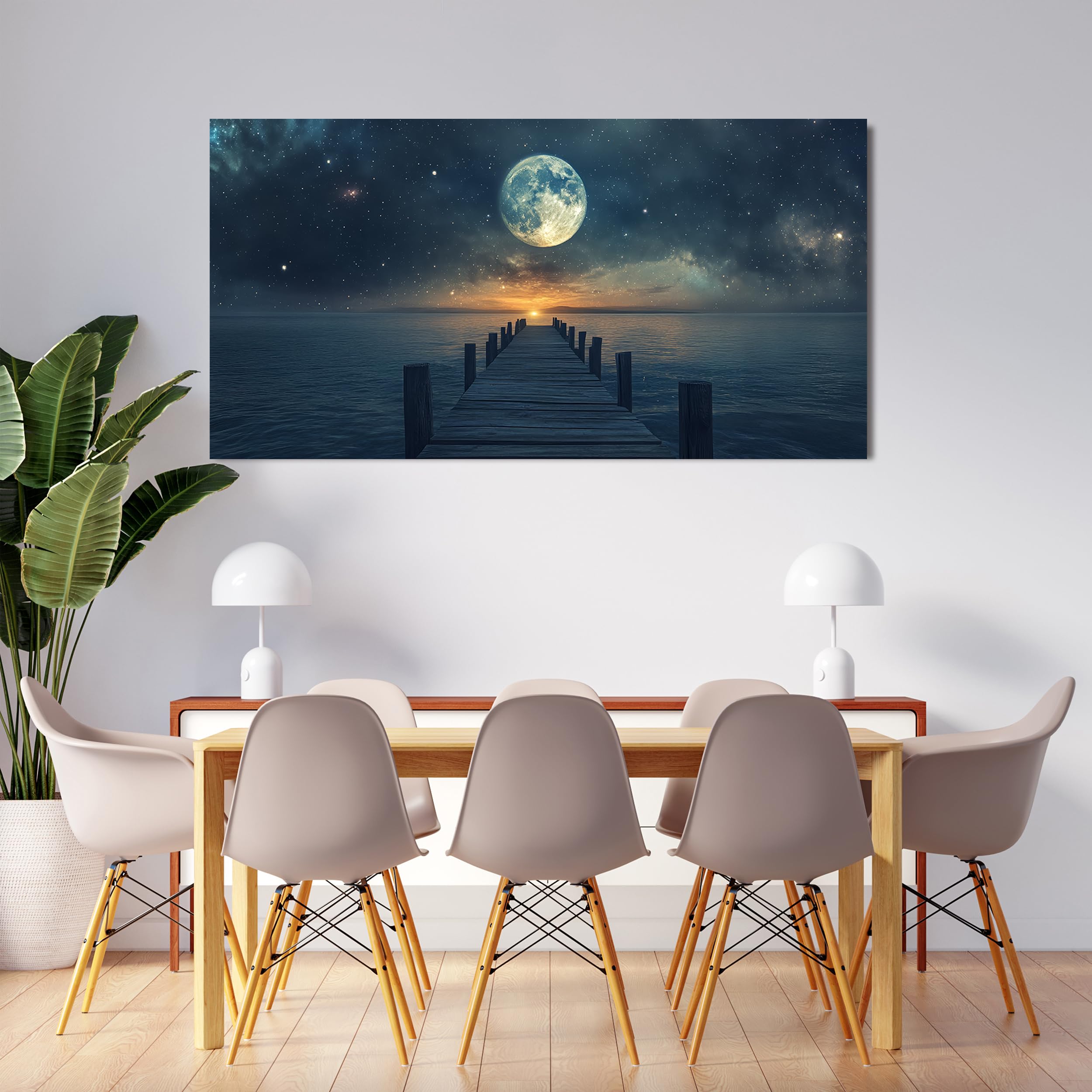 Canvas Wall Art Modern Landscape Coastal Blue Star Moon Decor 20 x 40 $43.50