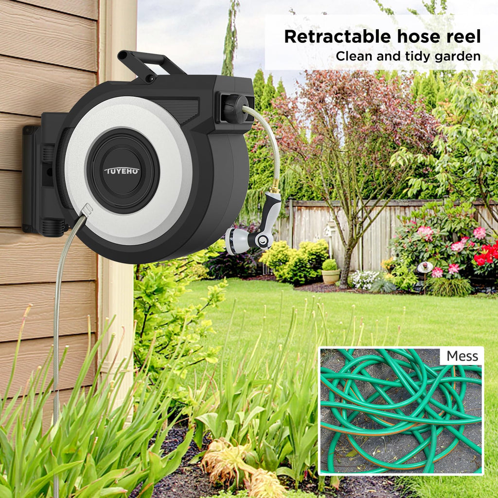 FT Retractable Garden Hose Reel Wall Mount Heavy Duty Automatic Rewind 2 Nozzles BlackCream