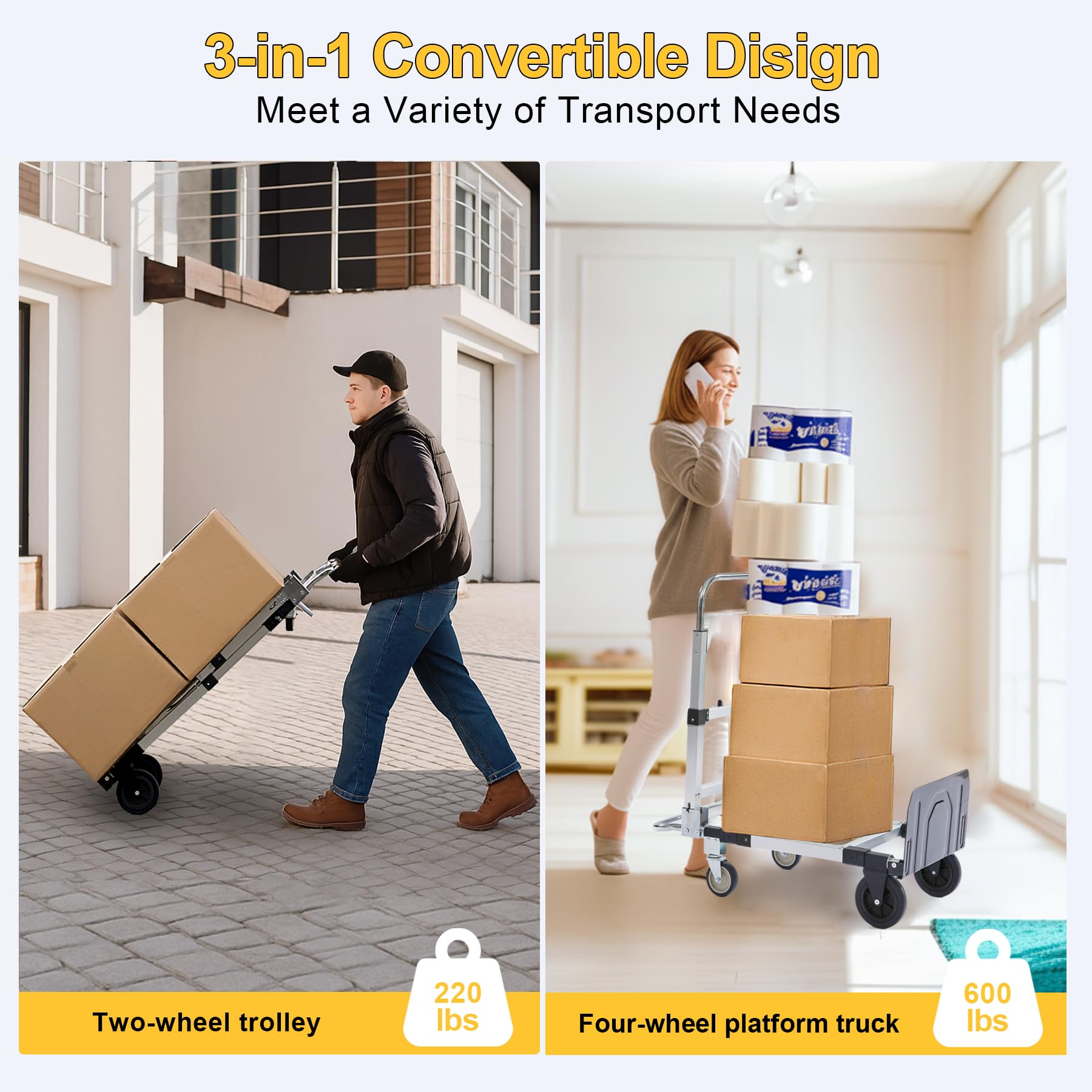 Open-Box New ZROECWT 600lbs Capacity 3-in-1 Aluminum Folding Hand Truck