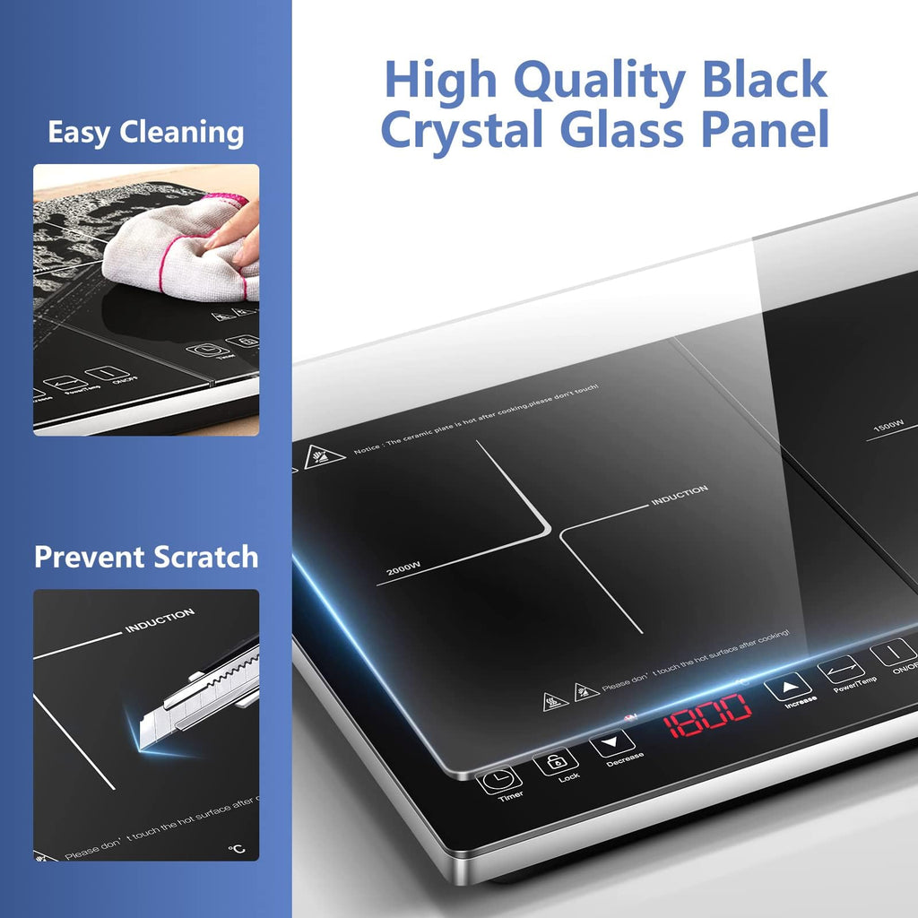 Silver  Black Glass Double Induction 2 Burner 1800W Electric Cooktop