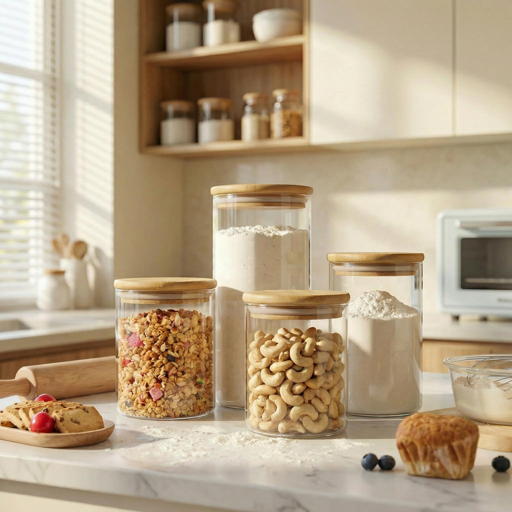 HD Clear Glass Food Jars with Bamboo Lids - Set of 4 Large Capacity