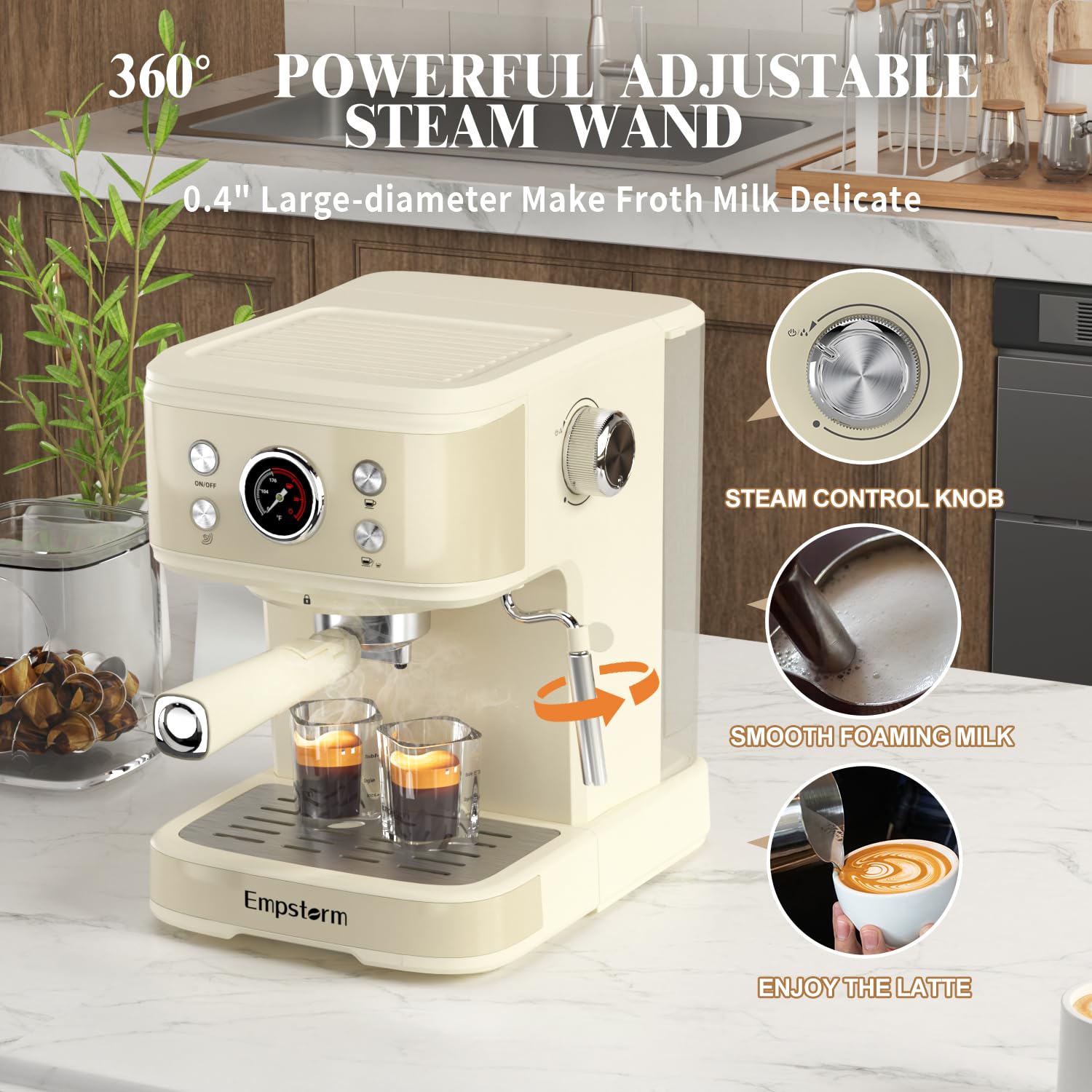 '-Bar Semi-Automatic Espresso Machine w Steam Wand 1.5L Tank White
