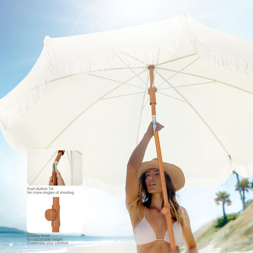 ft Creamy White Patio Beach Umbrella with Fringe Design Sand Anchor
