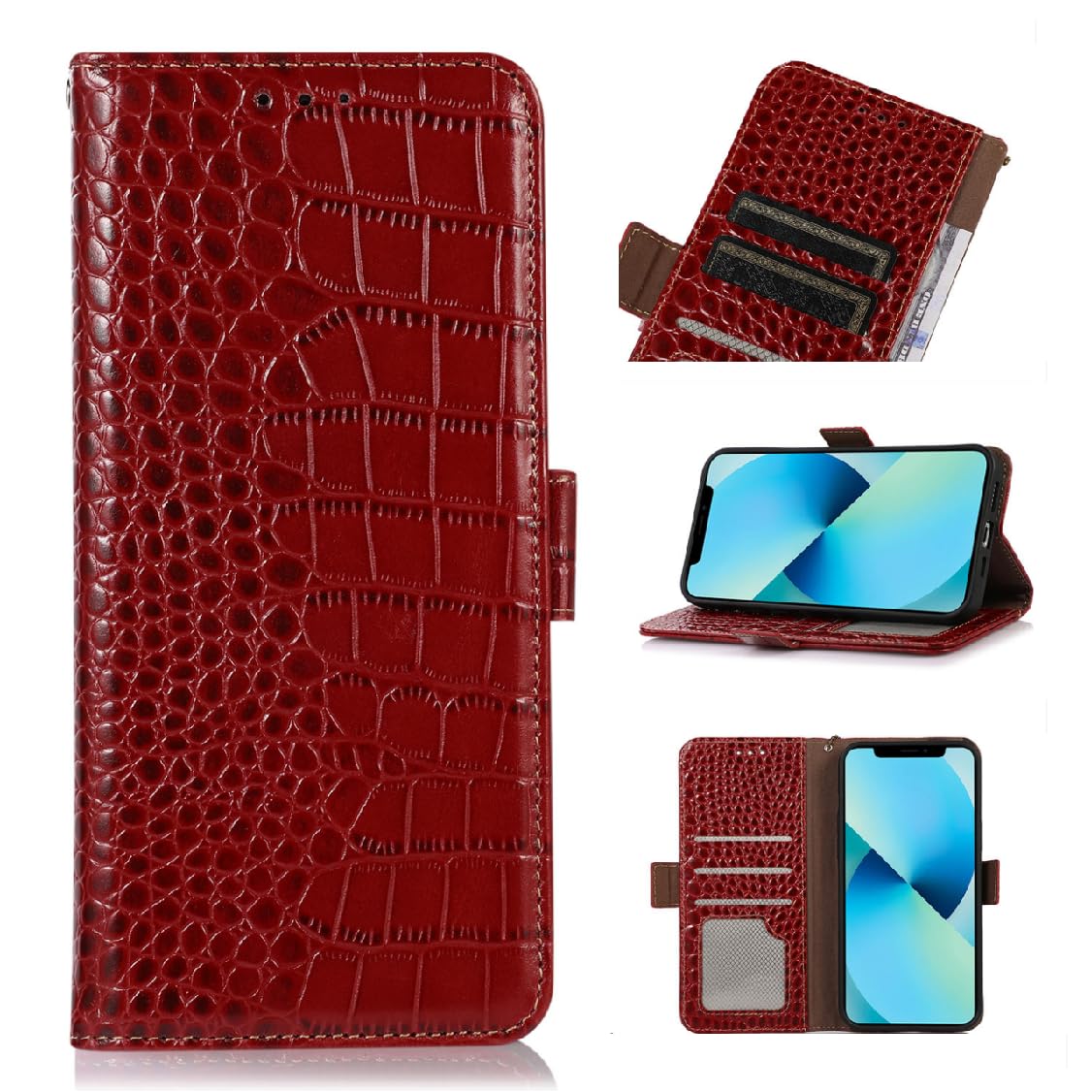 iPhone 16 Pro Leather Flip Case Crocodile Pattern RFID Blocking - Red