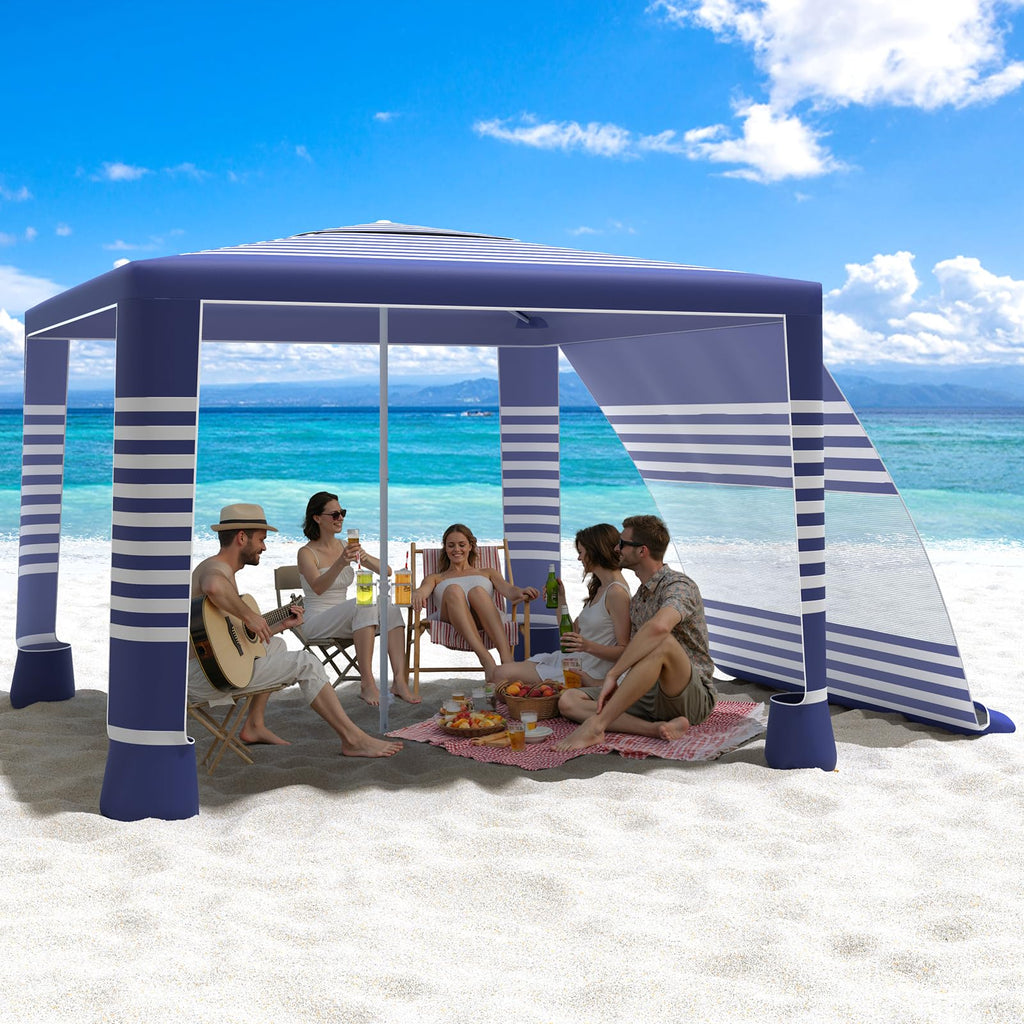 MoKo Beach Cabana, 8'×8' Large Beach Canopy with Side Wall, UPF 50+ Protection Easy Setup Beach Tent Sun Shelter, Adjustable Height Wind Resistant Cabana Beach Tent for Whole Family, Navy Stripes Retail $95.00