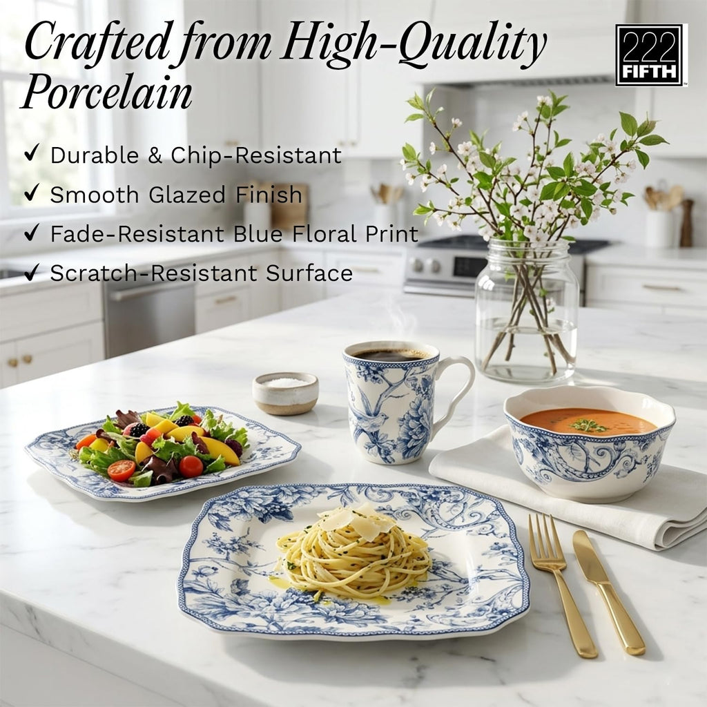 New 222 Fifth Adelaide Blue Floral Porcelain 16-Pc Microwave Safe Dinnerware Set Retail $109.00