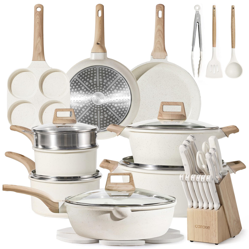 Nonstick Granite Induction Pots  Pans Cookware Set with Kitchen Knife Set Cream White