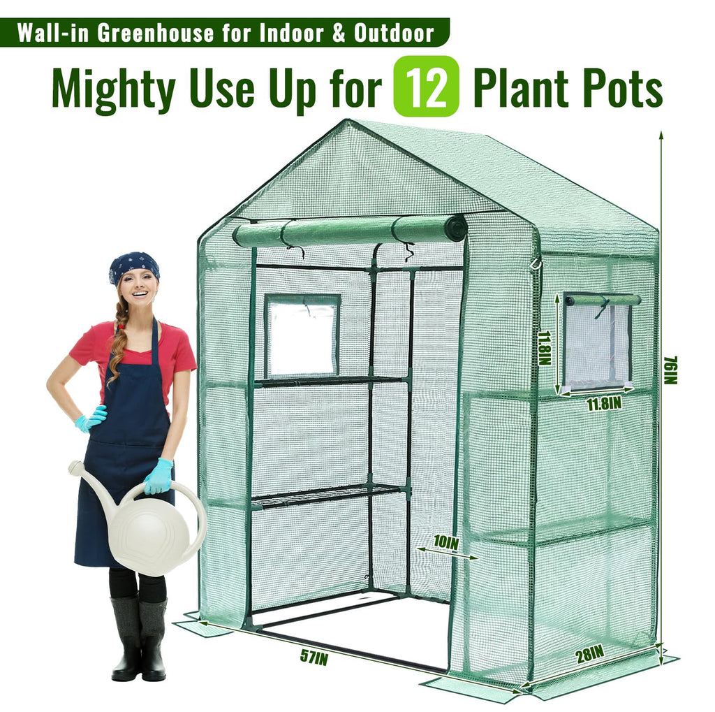 Portable Walk-in Greenhouse 3 Tiers 4 Shelves Screen Windows PE Cover Green 28x57x76