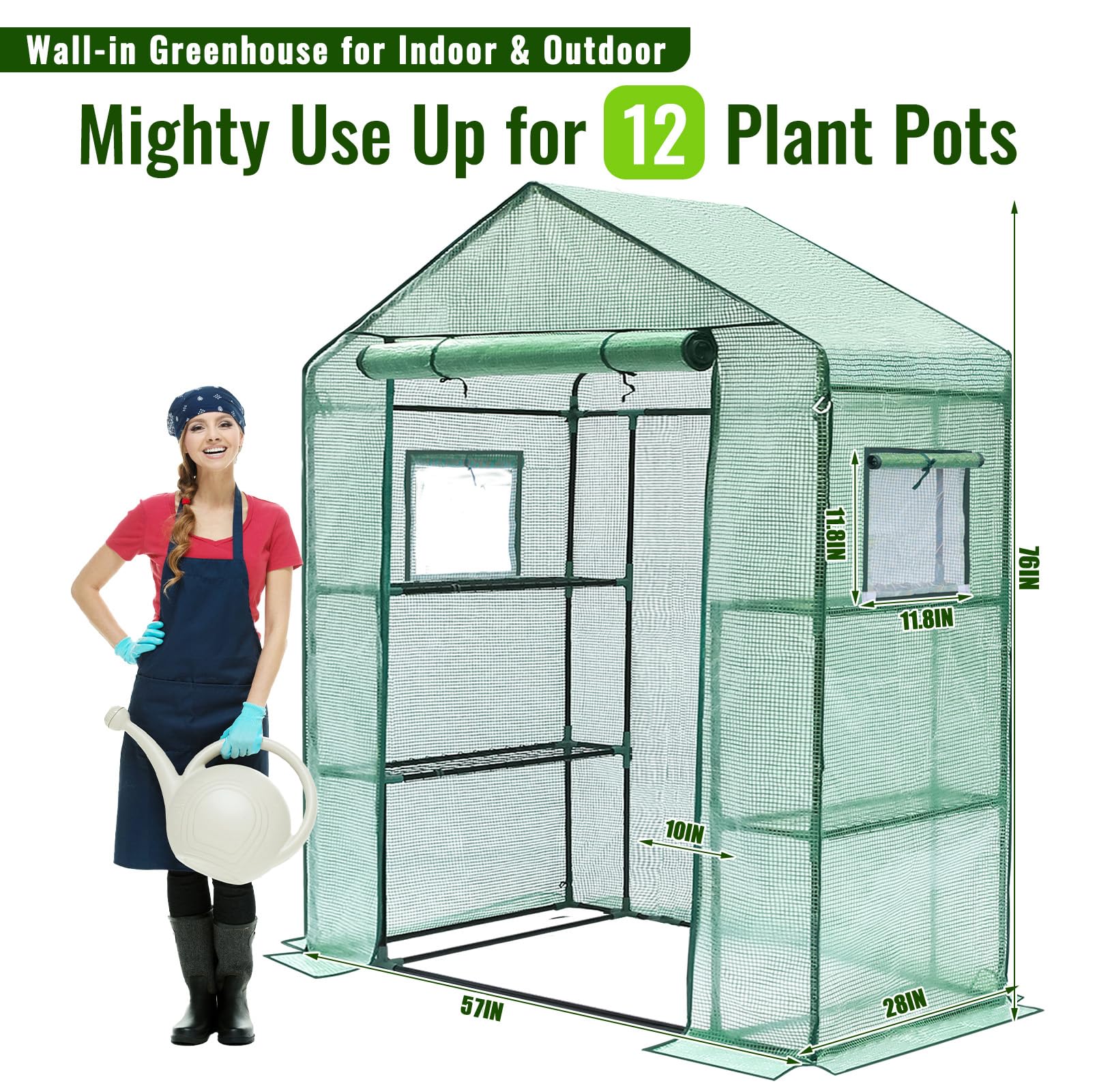 Portable Walk-in Greenhouse 3 Tiers 4 Shelves Screen Windows PE Cover Green 28x57x76