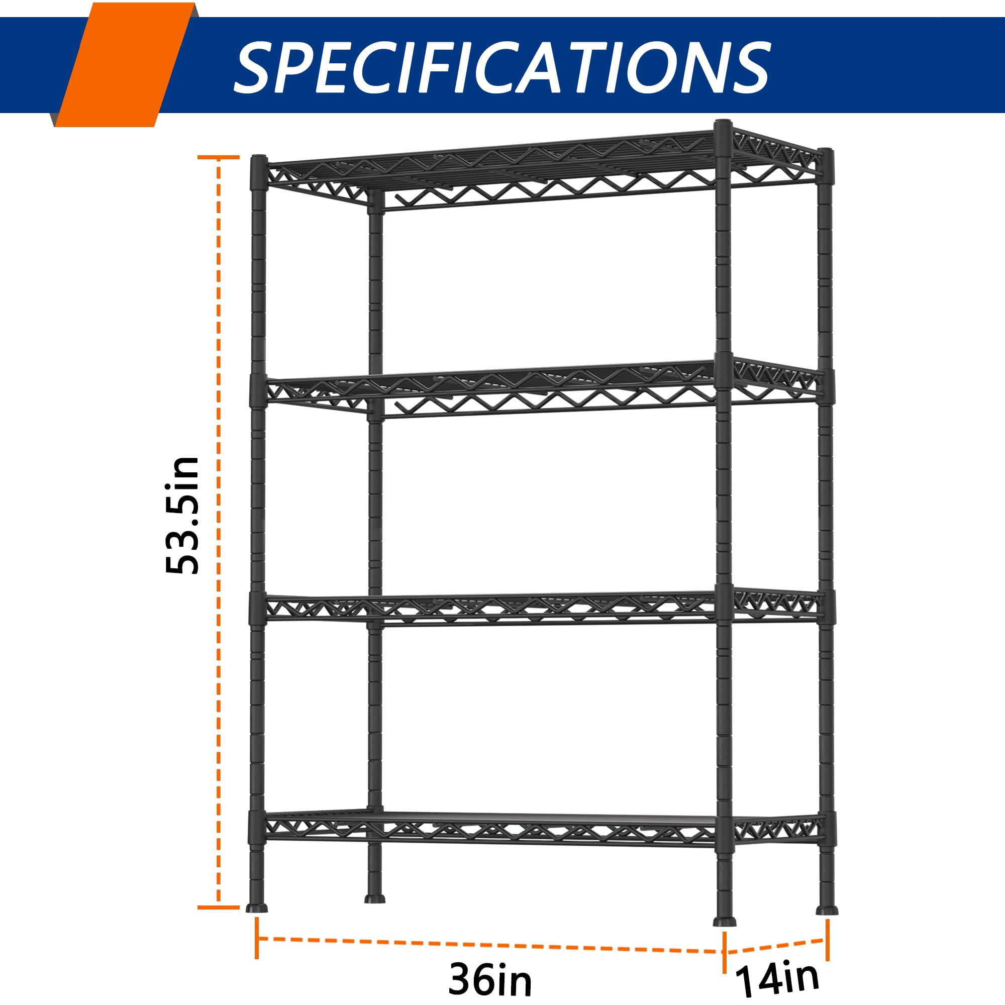 Black 4-Shelf Steel Storage Rack 36W x 14D x 53.5H
