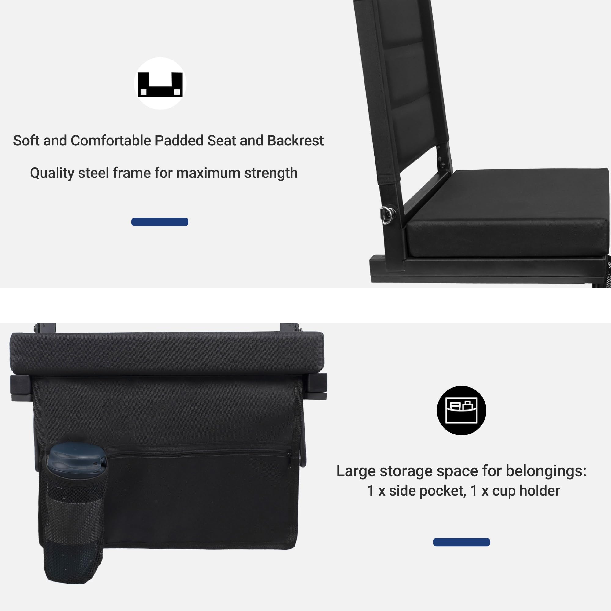 Black Portable Stadium Seat Cushion with Back Support