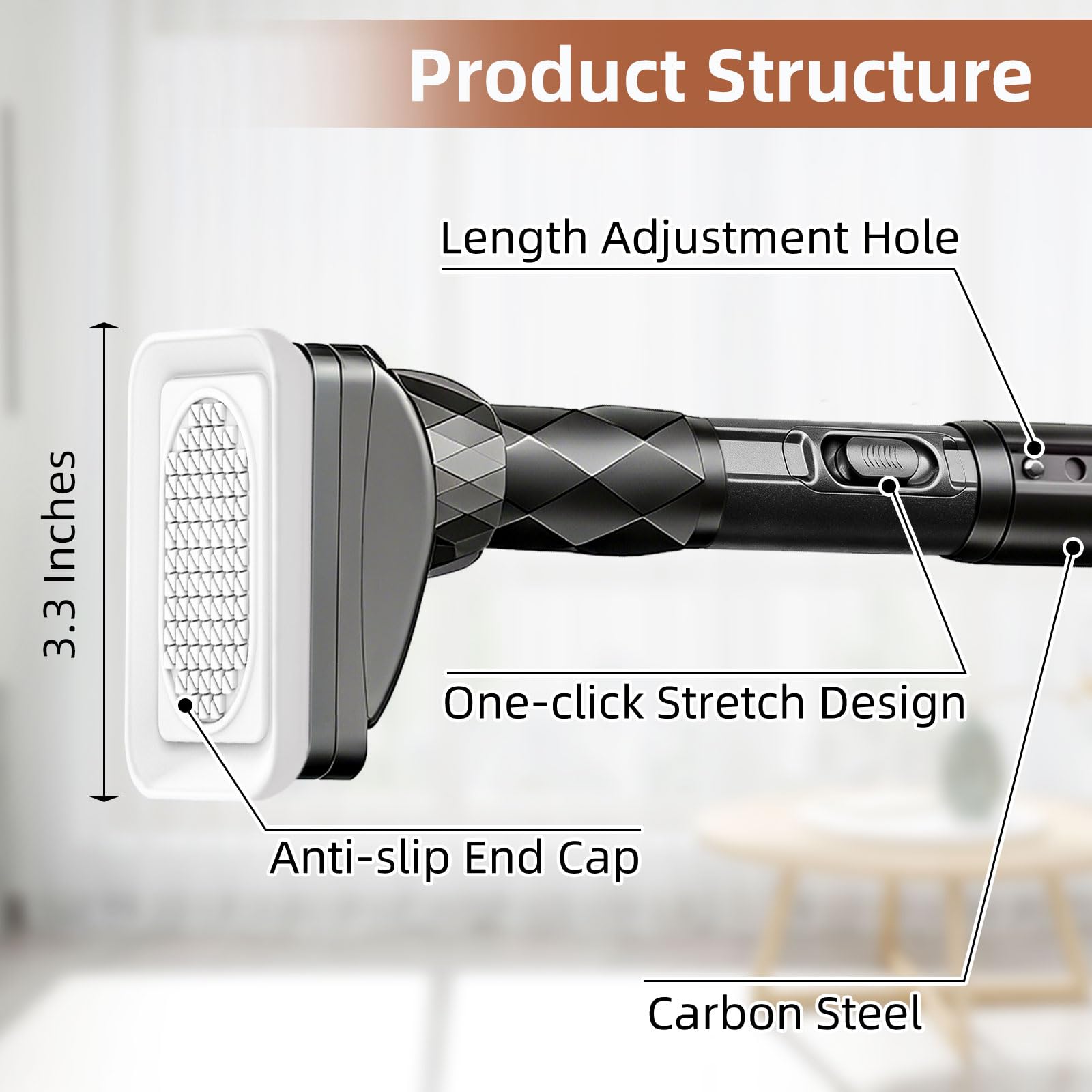 Black Adjustable Tension Shower Rod 40-87 inch Supports 30lbs