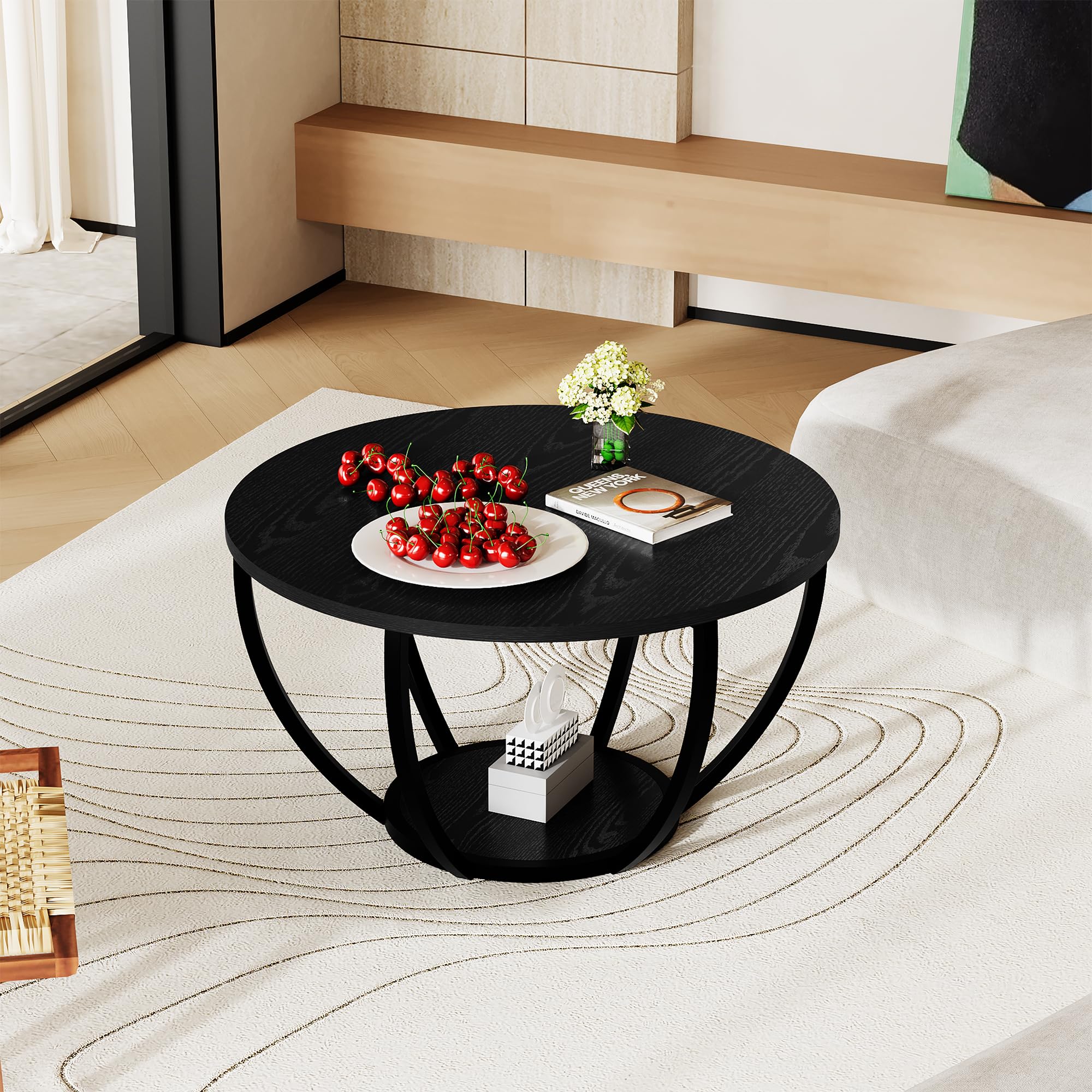 New HOMERECOMMEND Black Round Wooden 2-Tier Coffee Table with Storage Shelves. Retail $65.00