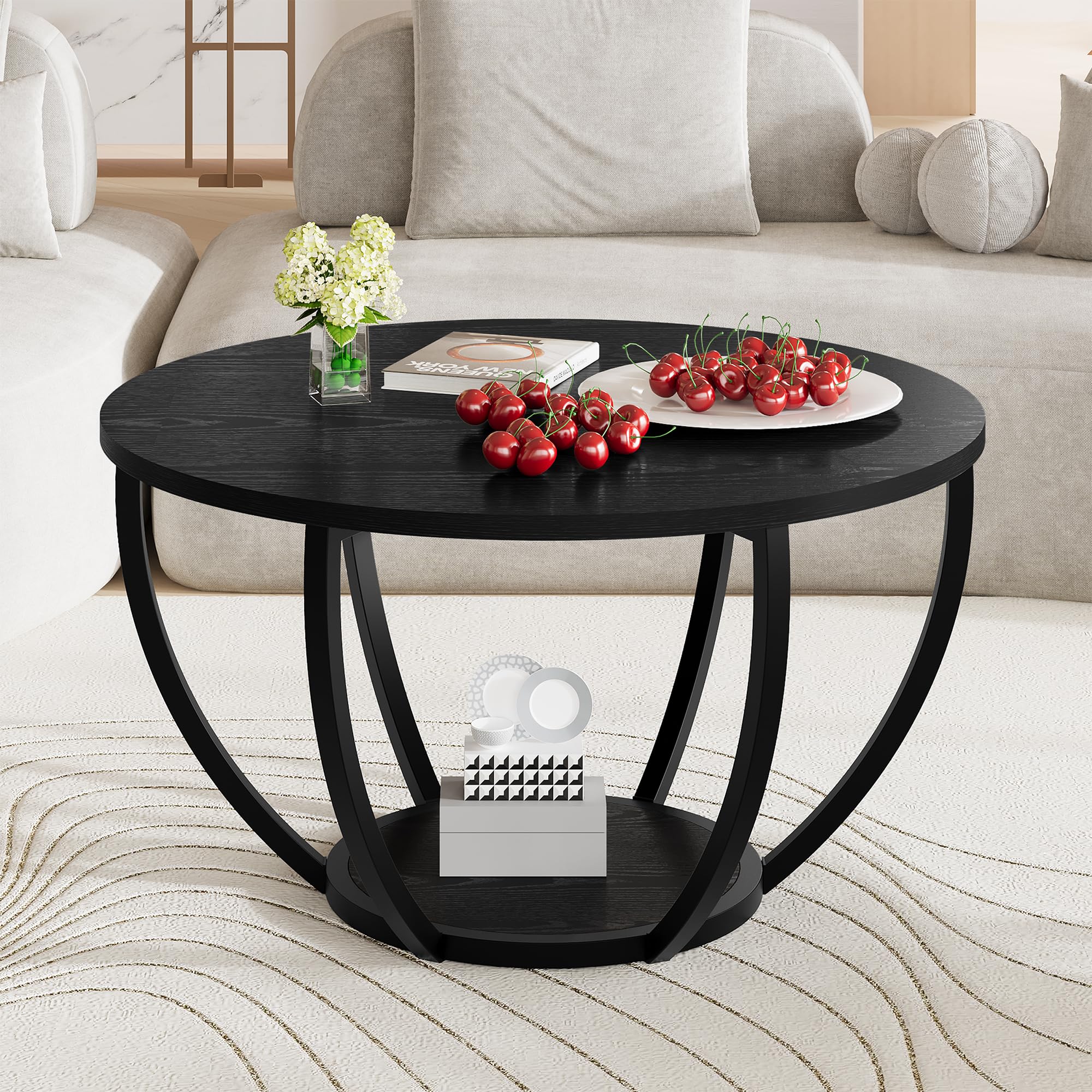 New HOMERECOMMEND Black Round Wooden 2-Tier Coffee Table with Storage Shelves. Retail $65.00