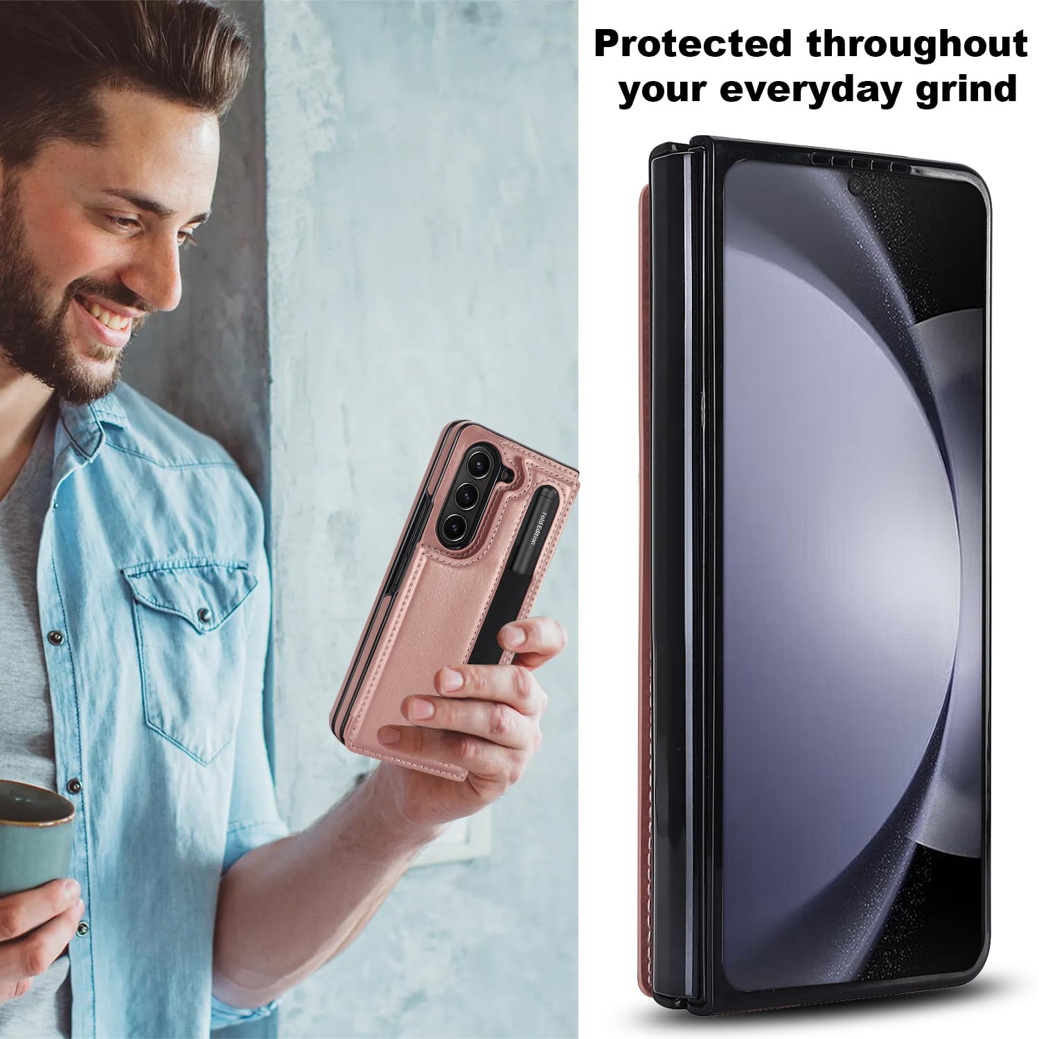 Samsung Galaxy Z Fold 5 Leather Wallet Case with Card  S-Pen Holder Kickstand - Rosegold