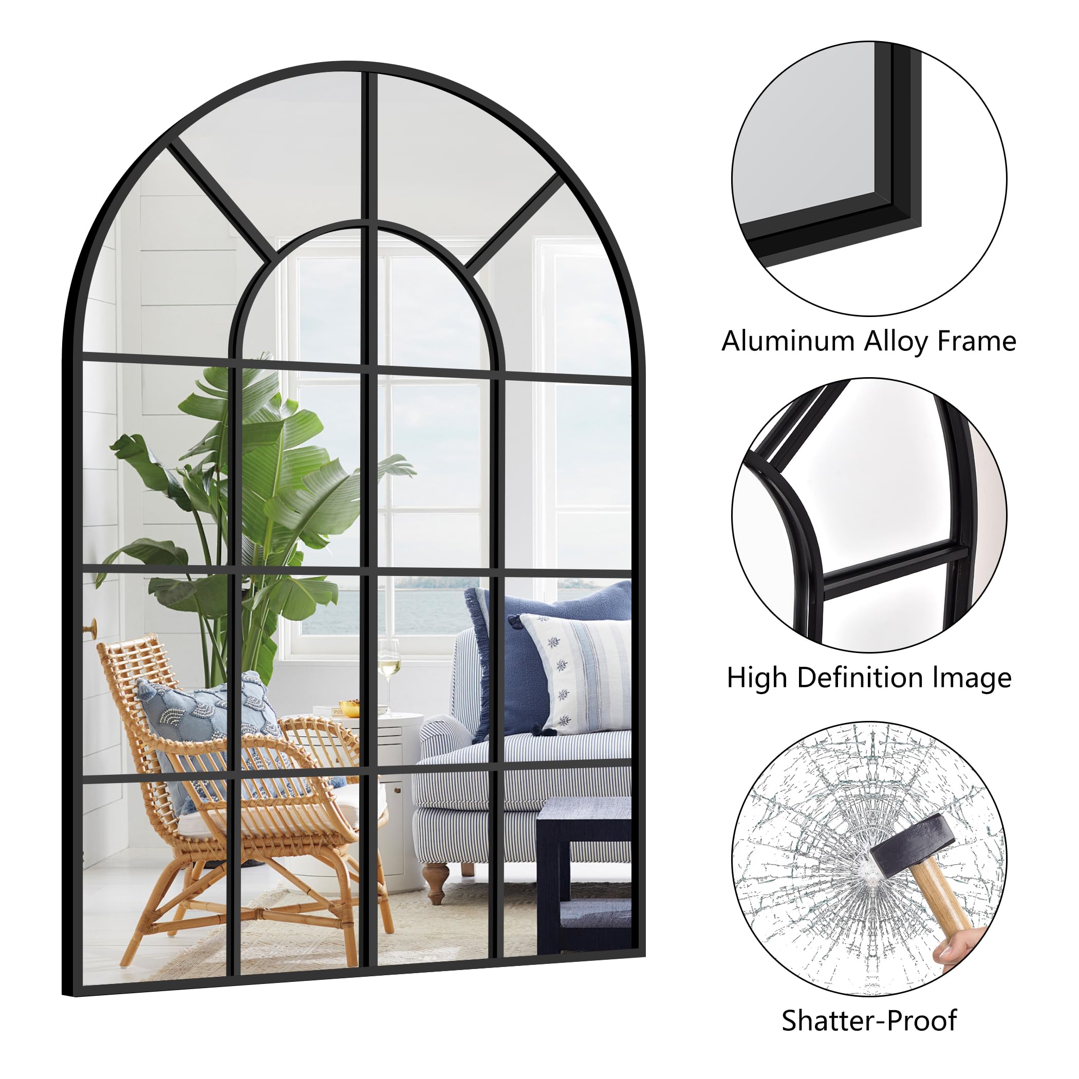 New GLASHOM 30x48 Black Arched Window Pane Wall Mirror Retail $149.00