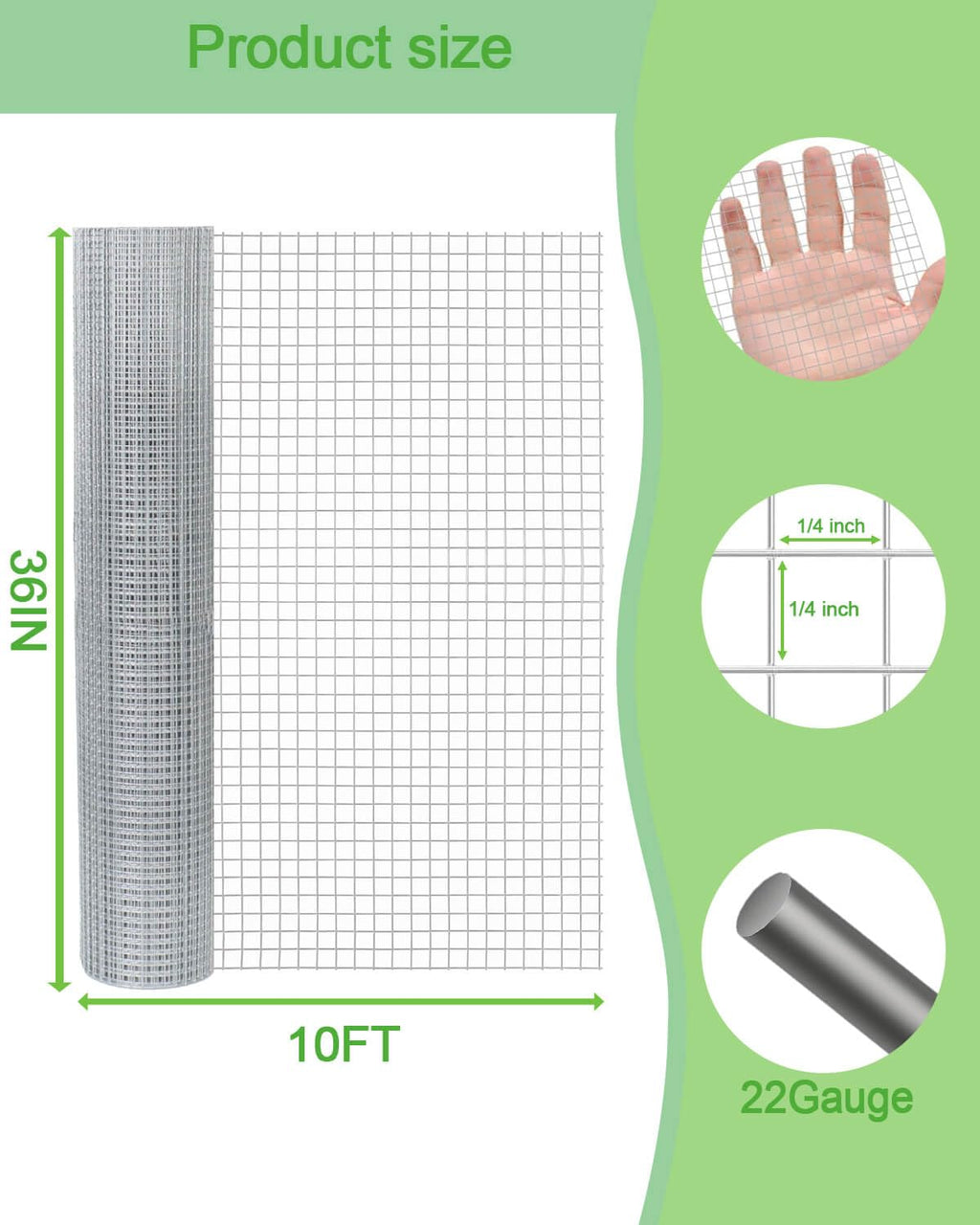 Hardware Cloth 36in x 10ft 14 Inch 22 Gauge Hot-Dipped Galvanized Welded Wire Mesh Silver