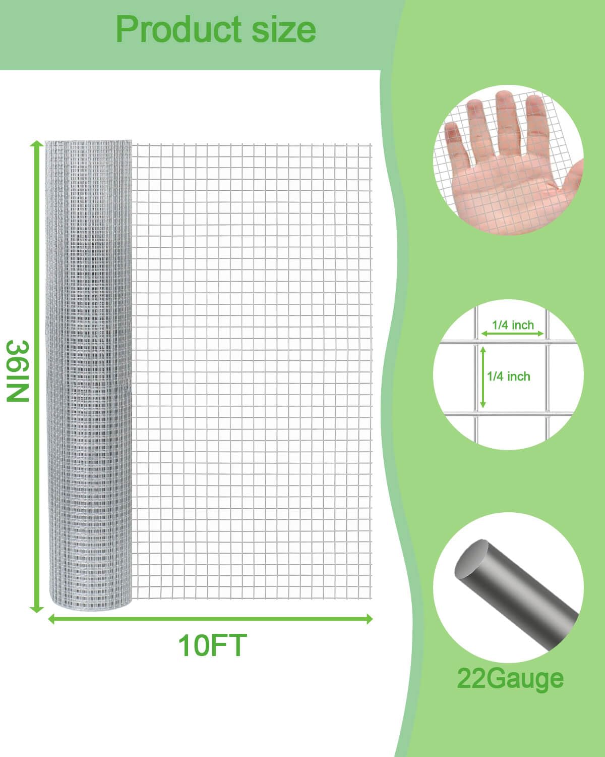 Hardware Cloth 36in x 10ft 14 Inch 22 Gauge Hot-Dipped Galvanized Welded Wire Mesh Silver