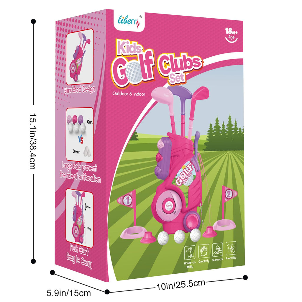 Kids Plastic Golf Set with Retractable Cart  Clubs - Pink