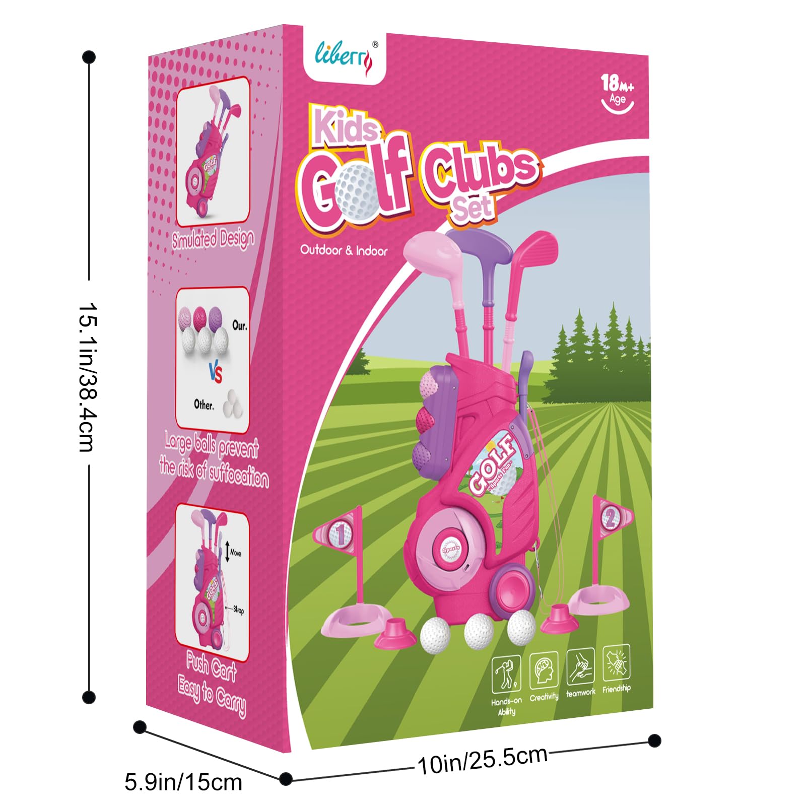 Kids Plastic Golf Set with Retractable Cart  Clubs - Pink