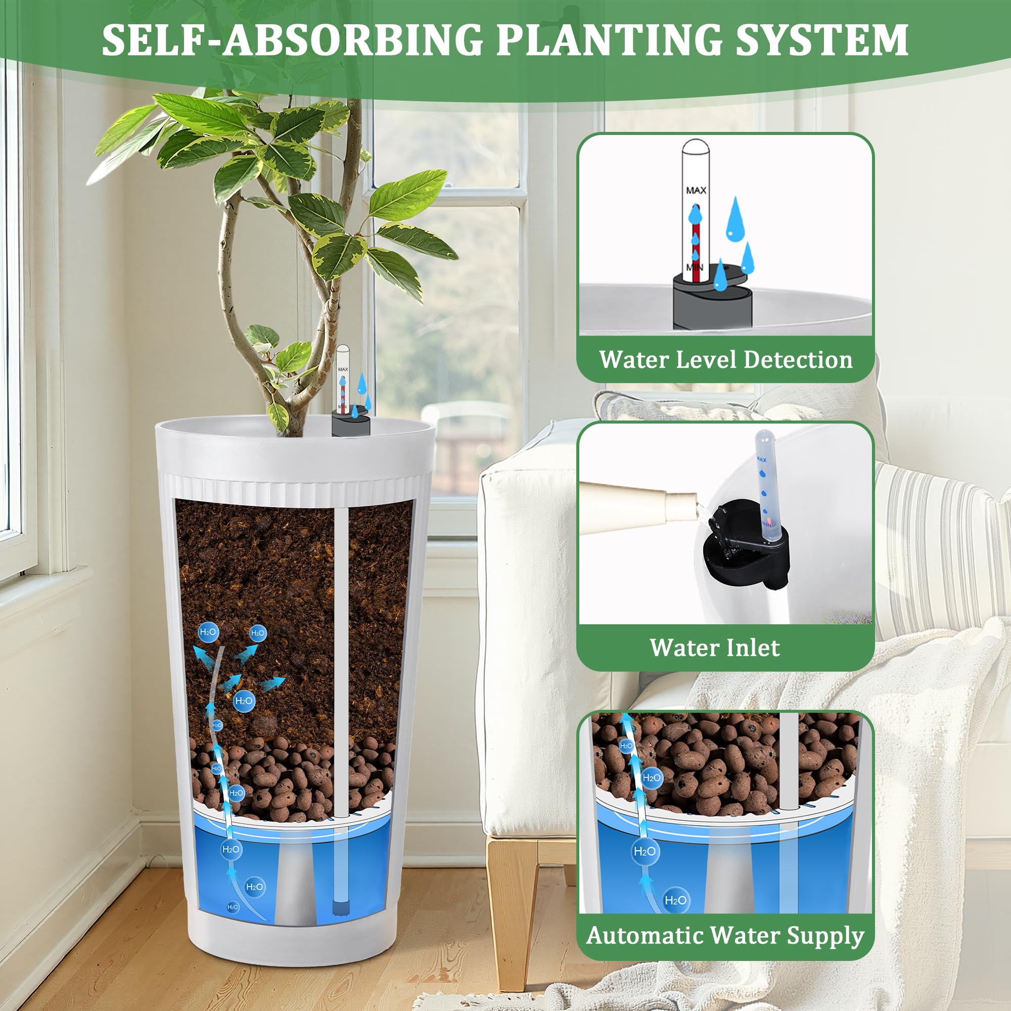 '-Pack 24in Round Plastic Self-Watering Planters with Vertical Ribbed Design White