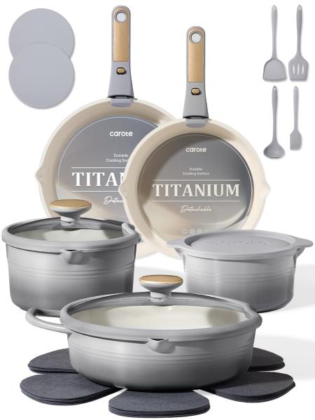 pcs Titanium Cookware Set Pots and Pans Set with Detachable Handle Gradient Grey