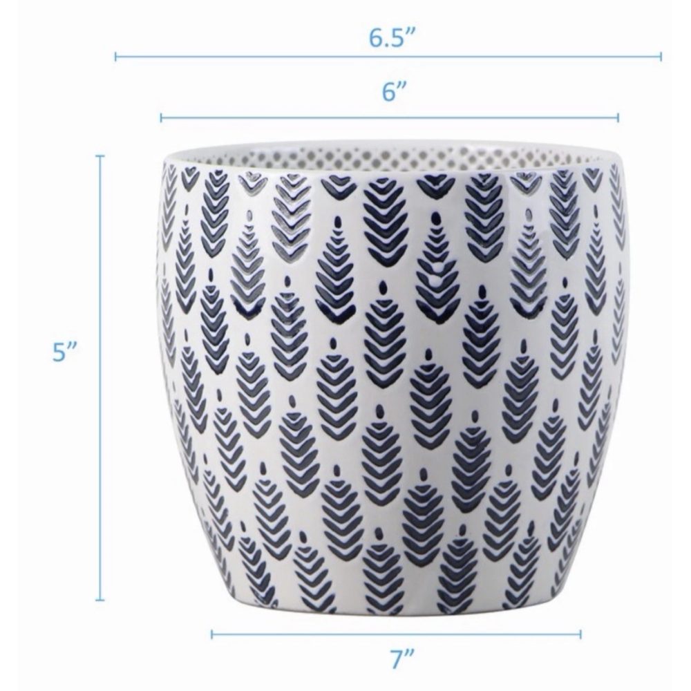 New Set of 2 Ceramic Planters White w Navy Blue Leaf Pattern Retail $38.00