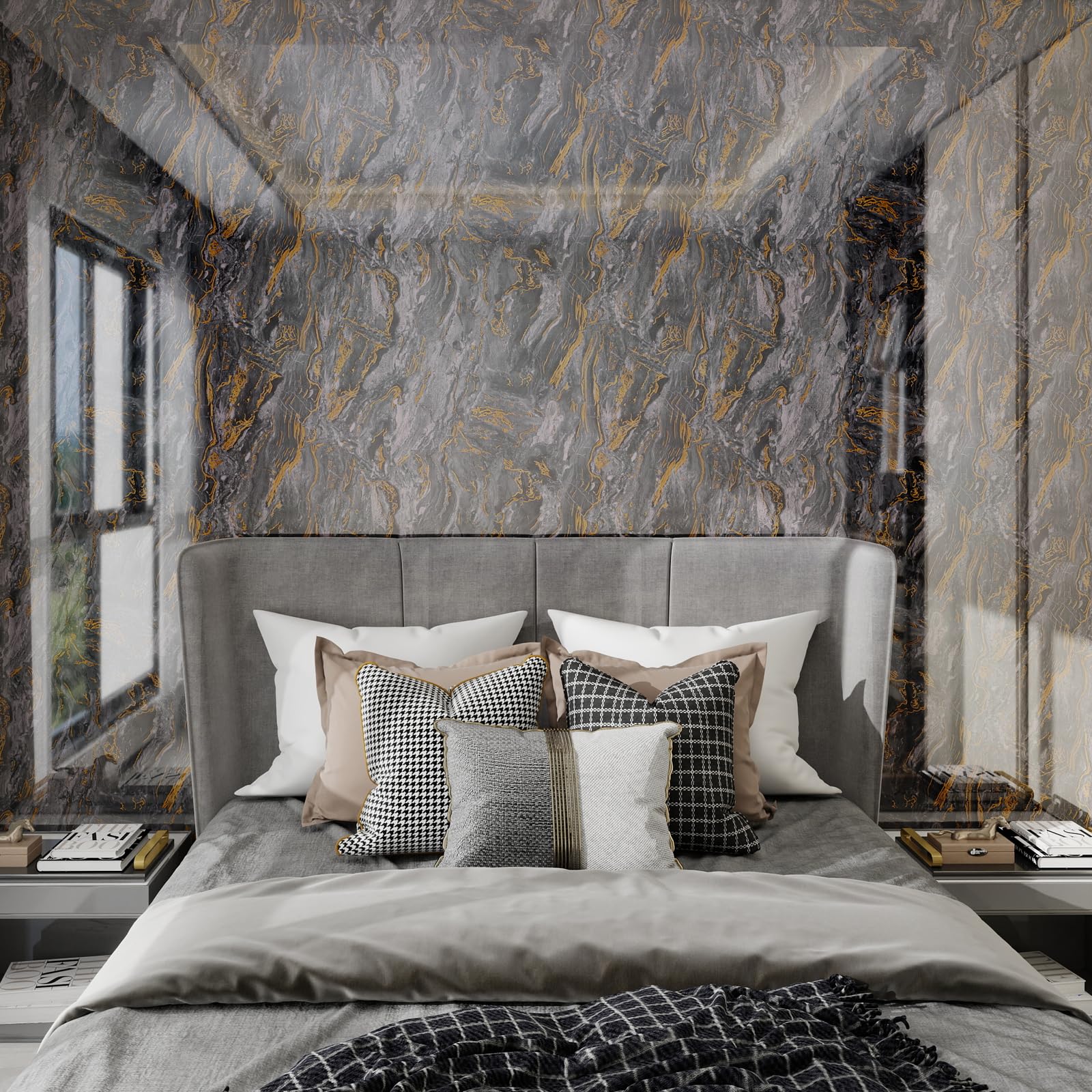 Grey and Gold Glossy Marble Peel and Stick Wallpaper 23.6 x 472.4 for Countertops $59.25
