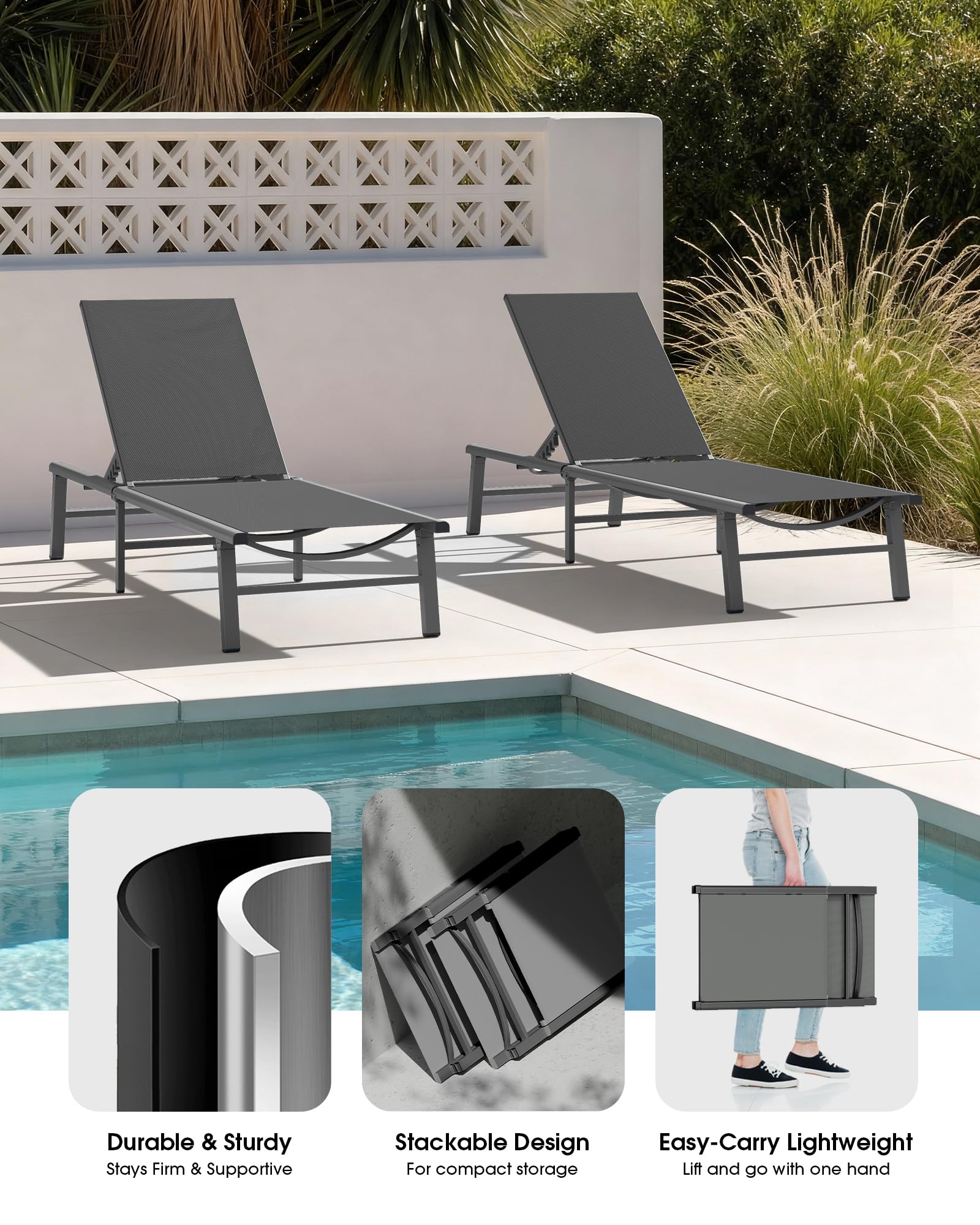 Ciokea Foldable Outdoor Lounge Chair, No Assembly Patio Chaise Lounge Outdoor with 5-Positions, Aluminum Pool Lounge Chair with Portable Design for Pool, Beach, Deck, Backyard, Grey