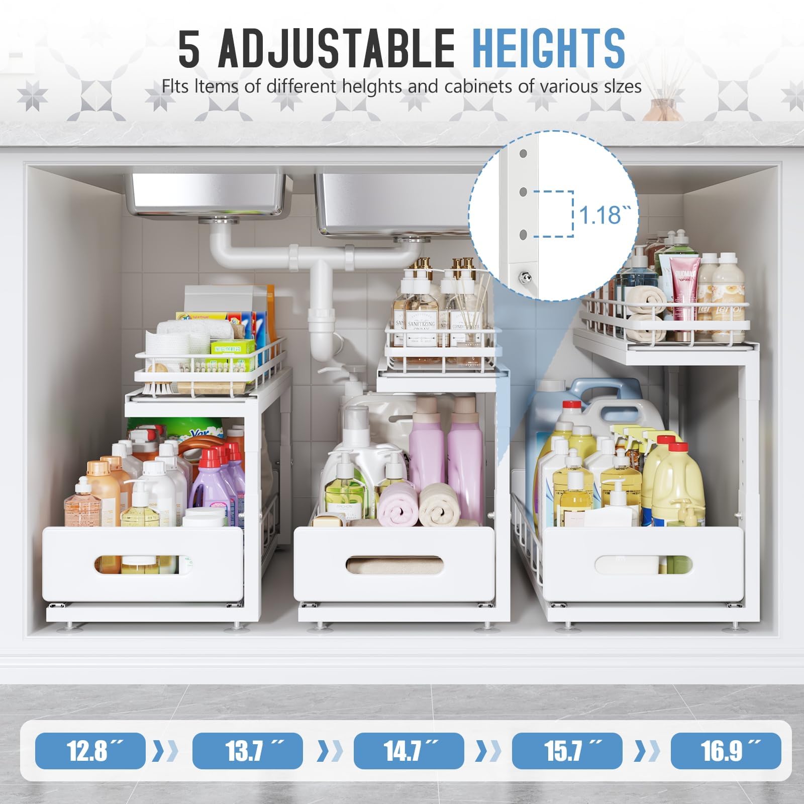 Pack 2-Tier Pull Out Under Sink Organizer Height Adjustable L-Shaped White