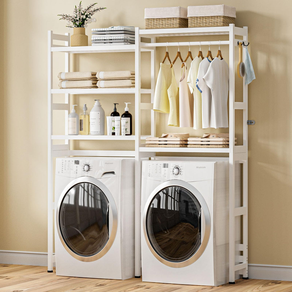 White Bamboo 5-Tier Over Washer Dryer Storage Shelf w Adjustable Shelves  Hooks