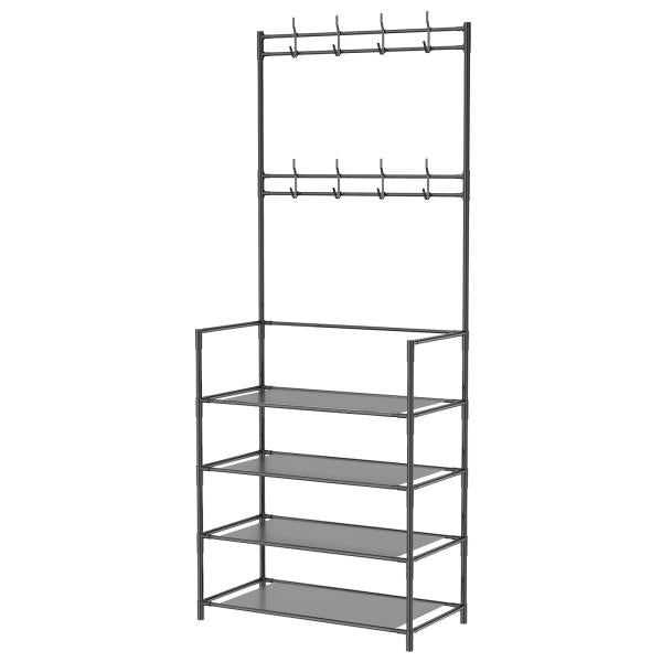 -Tier Space-Saving Hall Tree with Shoe and Hat Rack Waterproof Metal Black