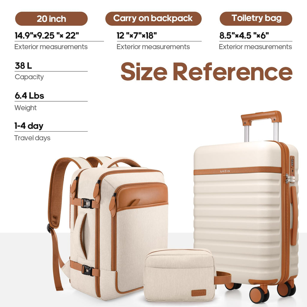Beige 3pc Hardshell Luggage Set with 20 Carry-On  18 Backpack