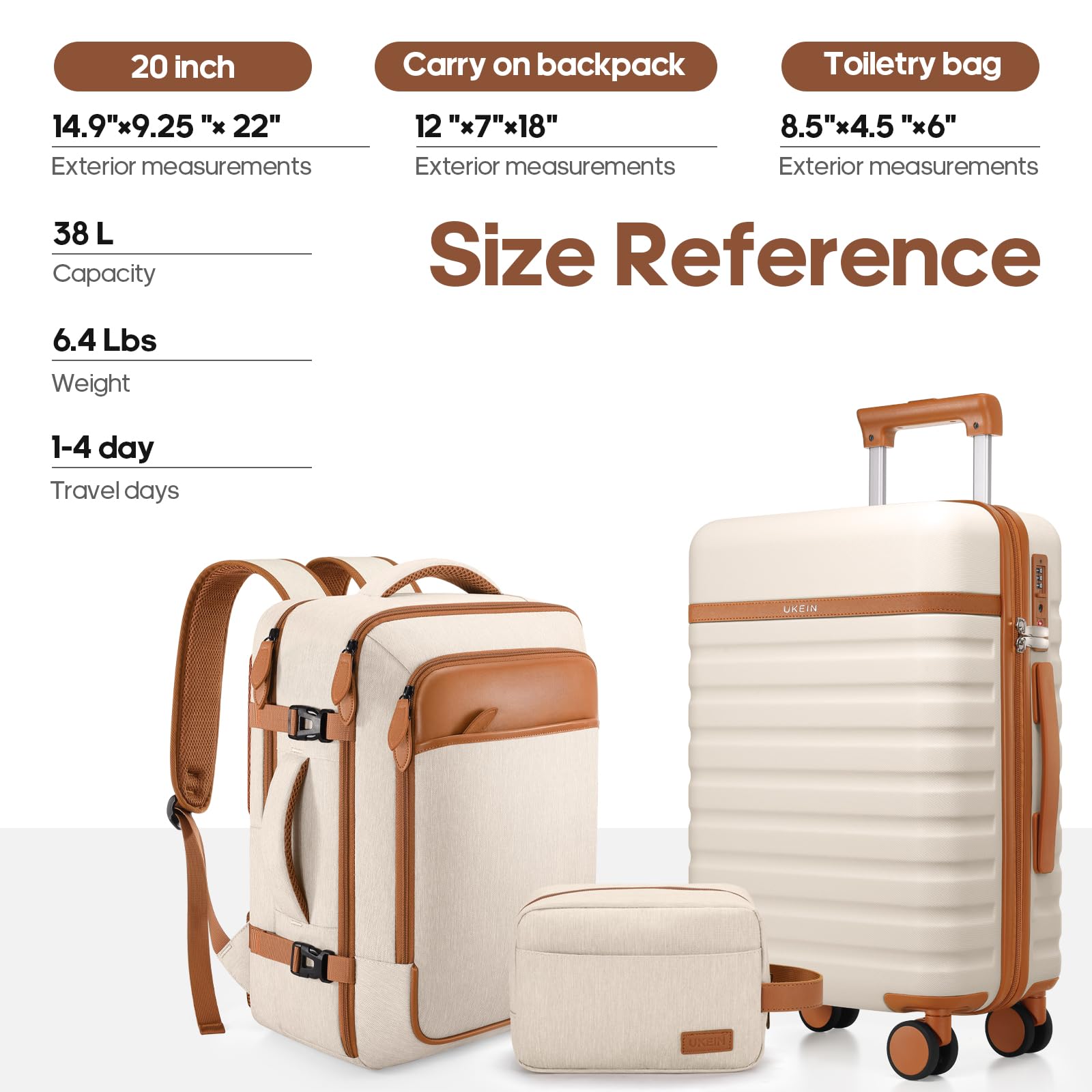 Beige 3pc Hardshell Luggage Set with 20 Carry-On  18 Backpack