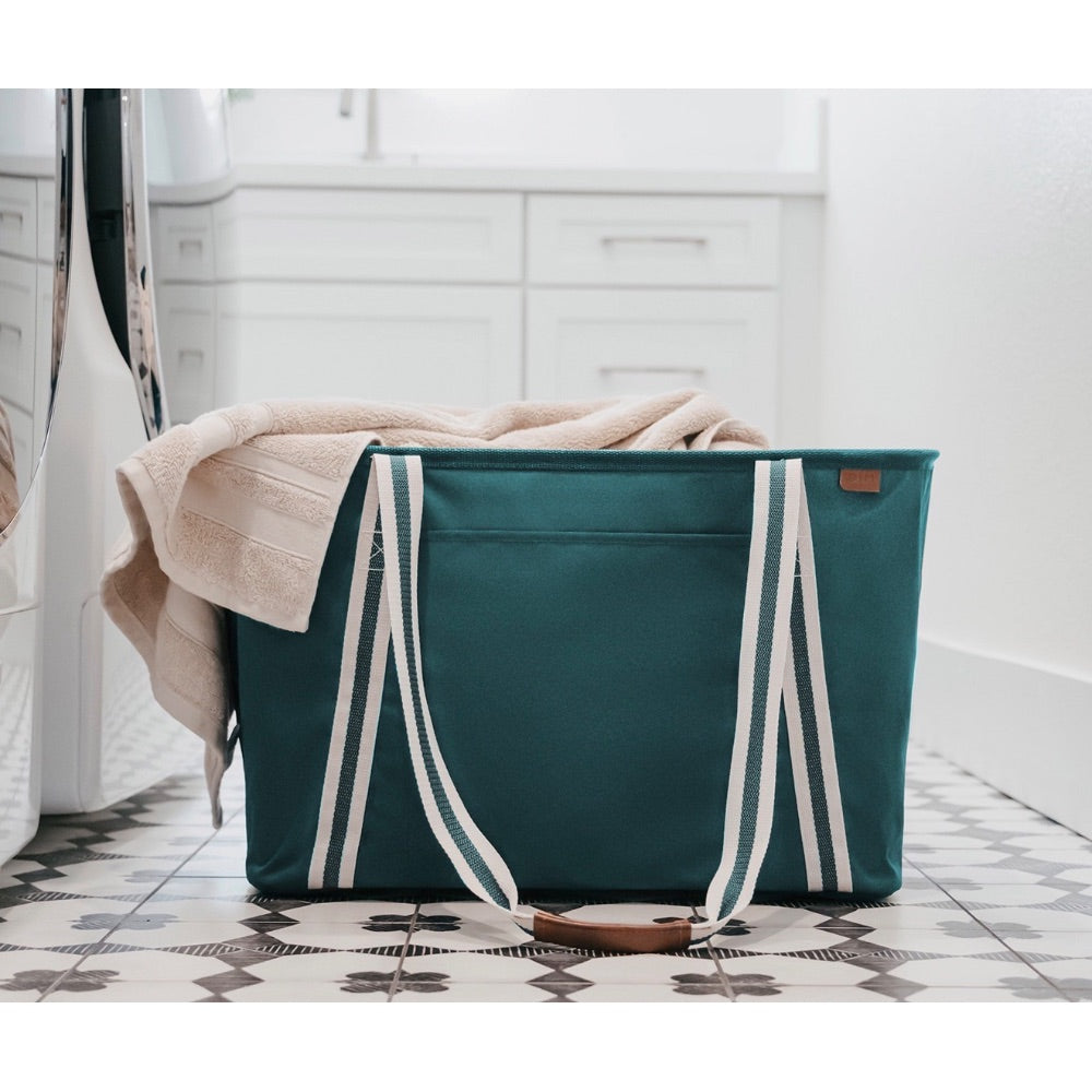 Collapsible Teal Green Striped Market Tote Bag Retail $25.00