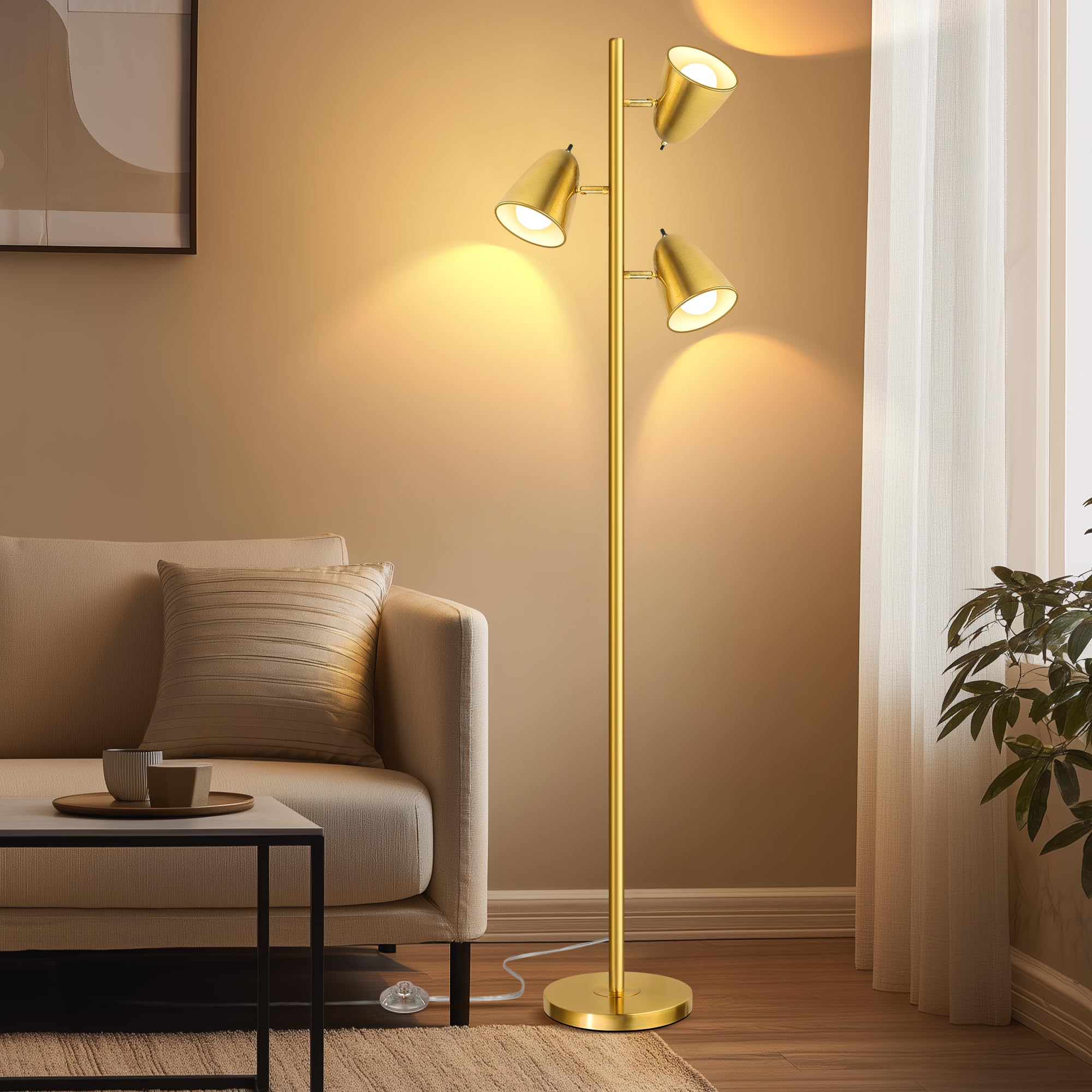 Brushed Gold Tree Floor Lamp with 3 Light Bulbs Standing Tall Pole Lamp 3 Adjustable Arms Retail $61.00