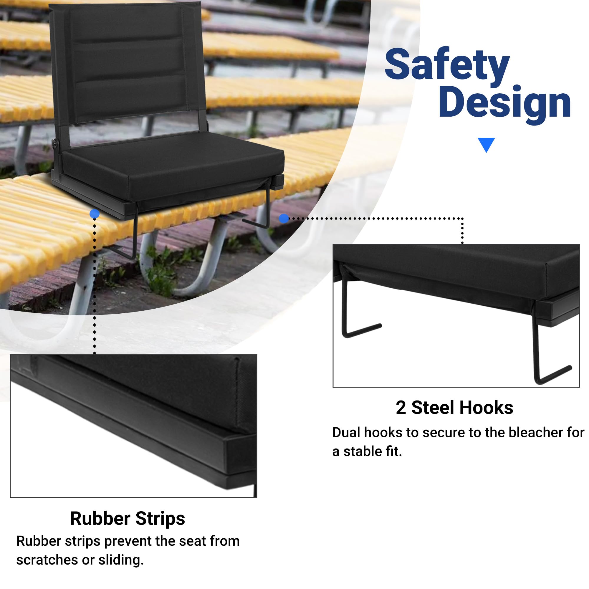 Black Portable Stadium Seat Cushion with Back Support