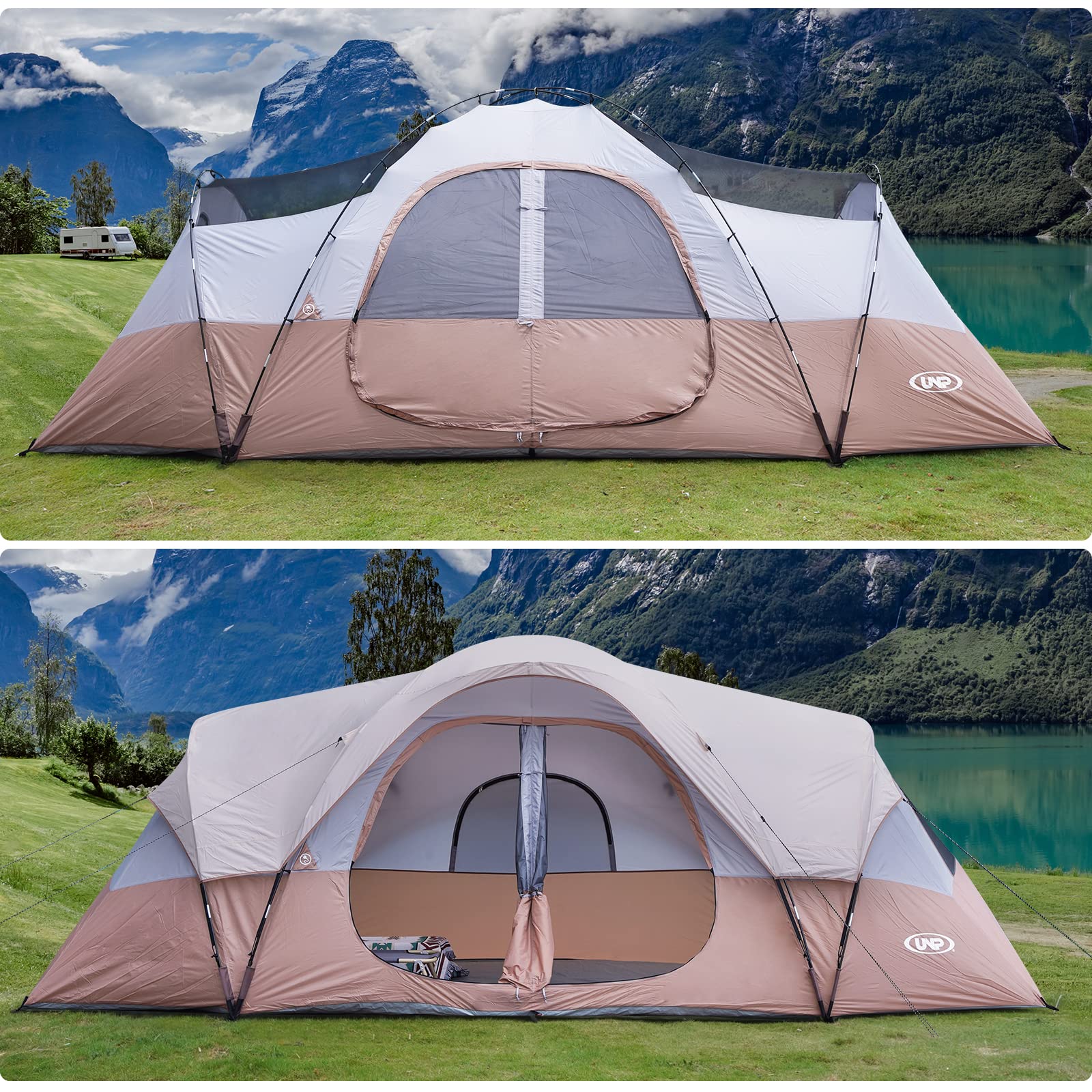 Open-Box New UNP 10-Person Waterproof 2-Room Khaki Brown Camping Tent