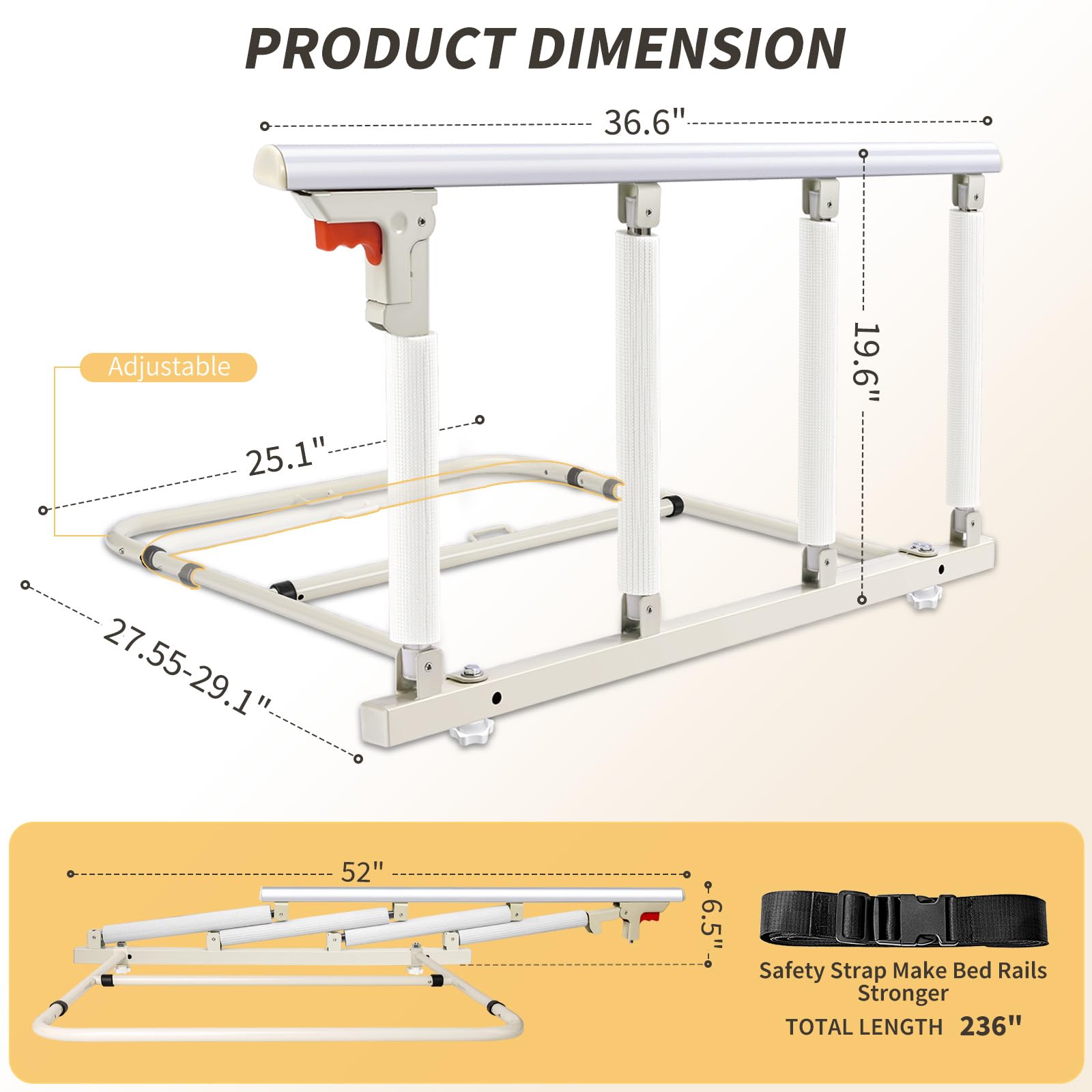 White Folding Bed Assist Safety Rail for Elderly 37L x 20H