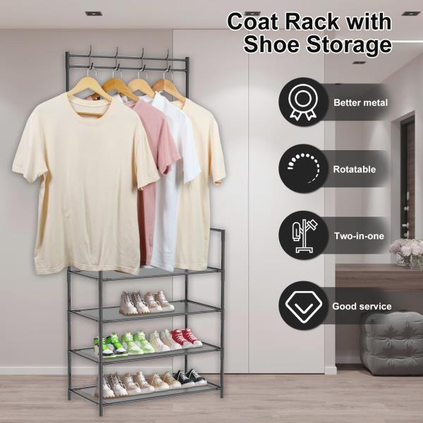 -Tier Space-Saving Hall Tree with Shoe and Hat Rack Waterproof Metal Black