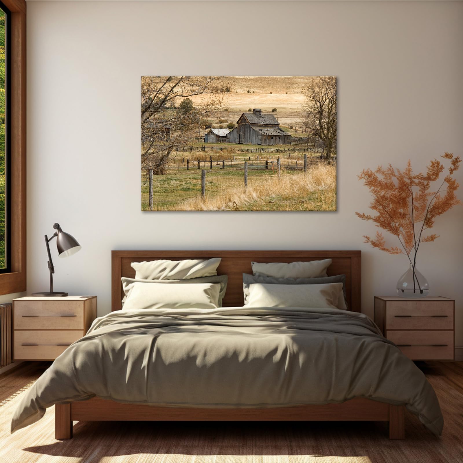Framed Rustic Farmhouse Canvas Wall Art Vintage Barn Landscape 24x16 Inch Ready to Hang
