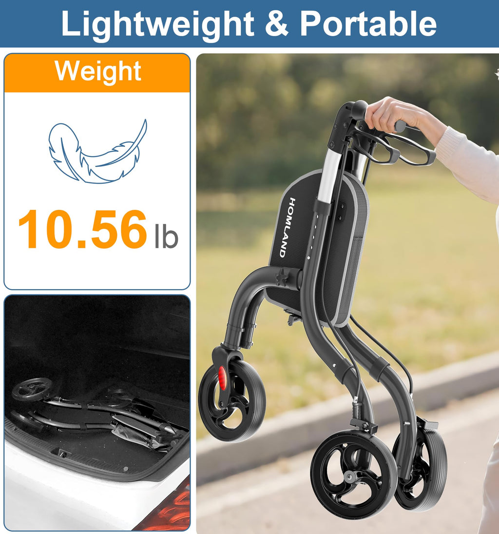 Black 3 Wheel Lightweight Foldable Aluminum Rollator Walker with Storage Bag