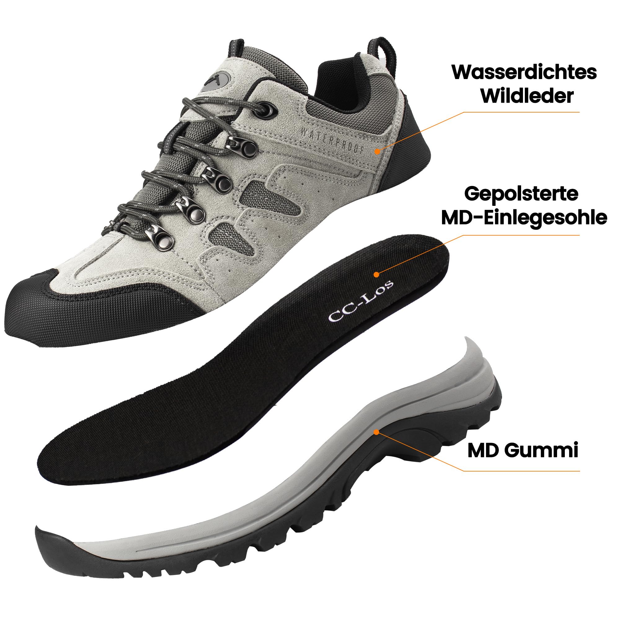 Mens Waterproof Lightweight Hiking Trekking Shoes Grey Suede Leather