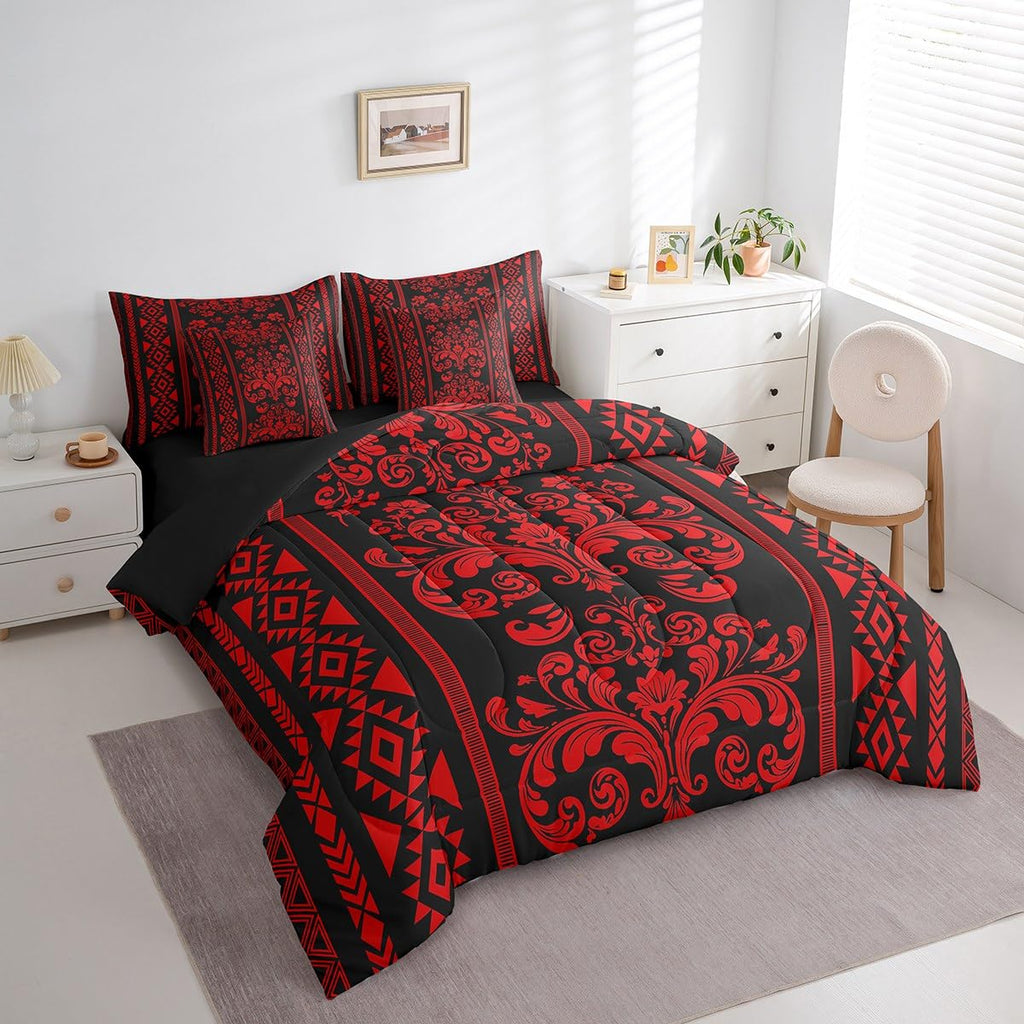 New RezsoyeN Red Damask Full Size 7-Piece Comforter  Sheet Set - Victorian Baroque