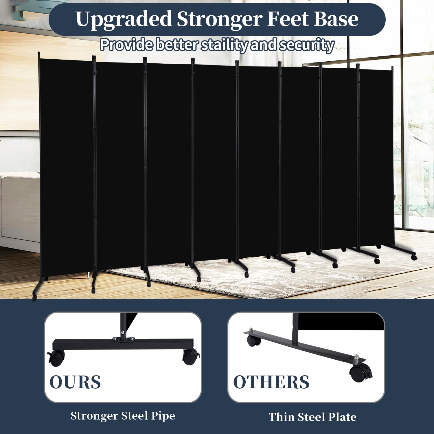 Black Folding Fabric Room Divider Privacy Screen with Lockable Wheels 176L x 72H