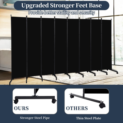 Black Folding Fabric Room Divider Privacy Screen with Lockable Wheels 176L x 72H